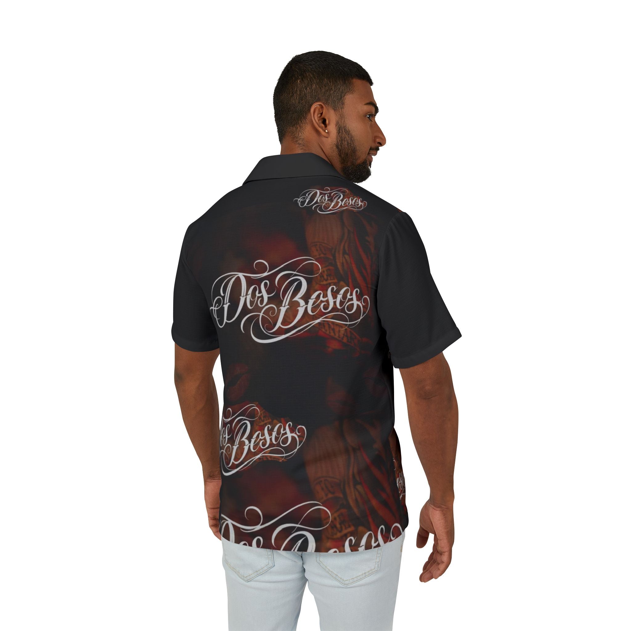 Dos Besos Hawaiian Shirt — Men’s Black Floral Camp Shirt with Script Logo