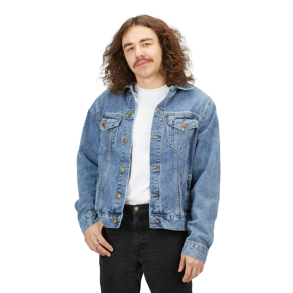 Men's Denim Jacket with Embroidered 'MUAH' Bear Graphic — Casual Streetwear Trucker Jacket