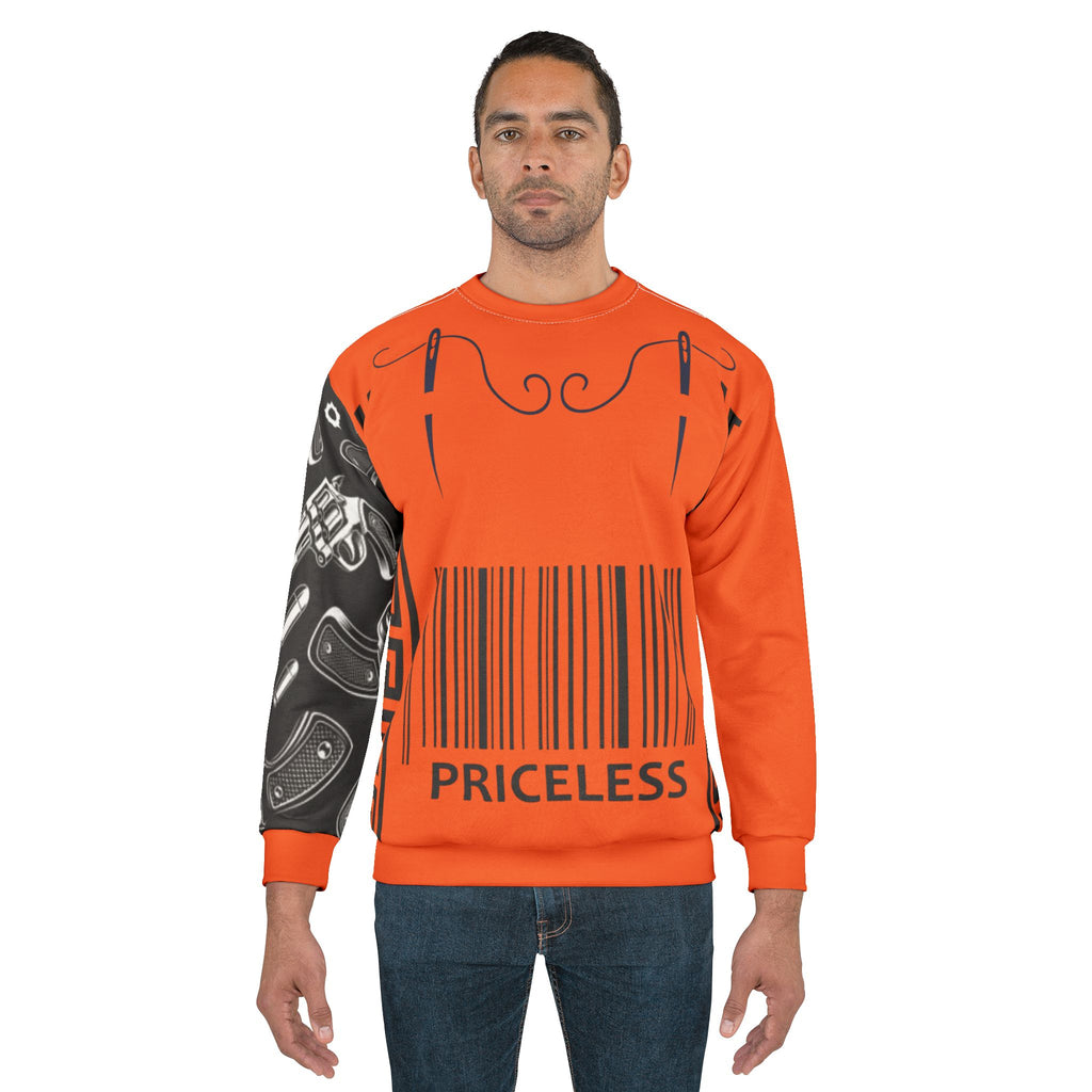 Priceless Orange Graphic Sweatshirt — Bold Barcode & Lip Art Streetwear