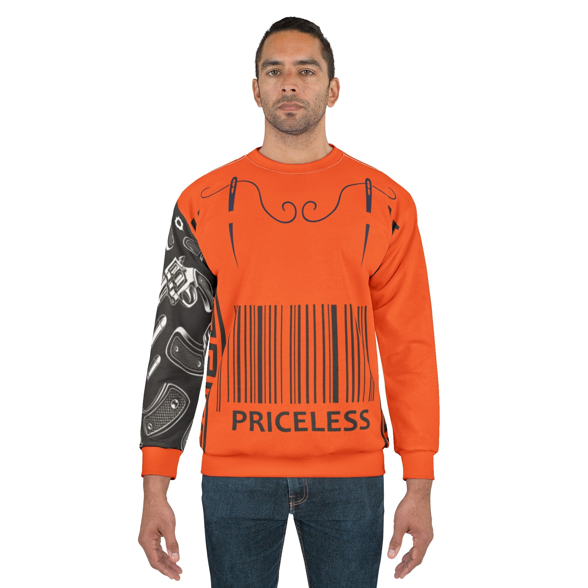 Priceless Orange Graphic Sweatshirt — Bold Barcode & Lip Art Streetwear