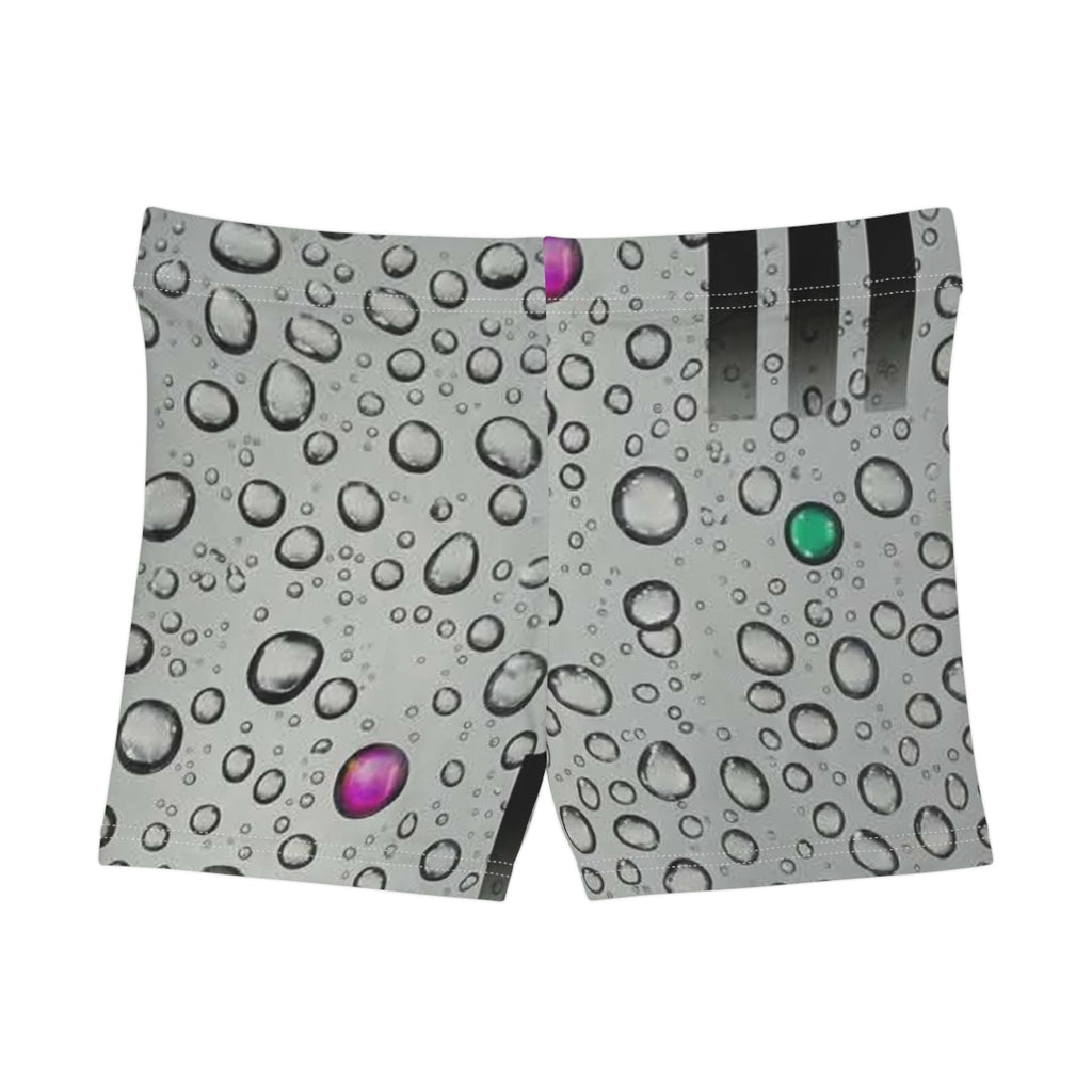 Water Droplet Women's Shorts — Gray Rain Bubble Print with Color Accents