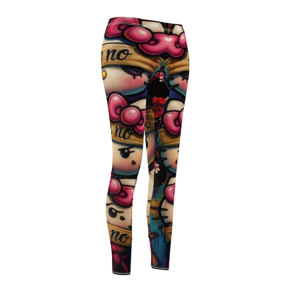 Red Rose & Lip Print Leggings — Floral Kiss Pattern Women's Leggings