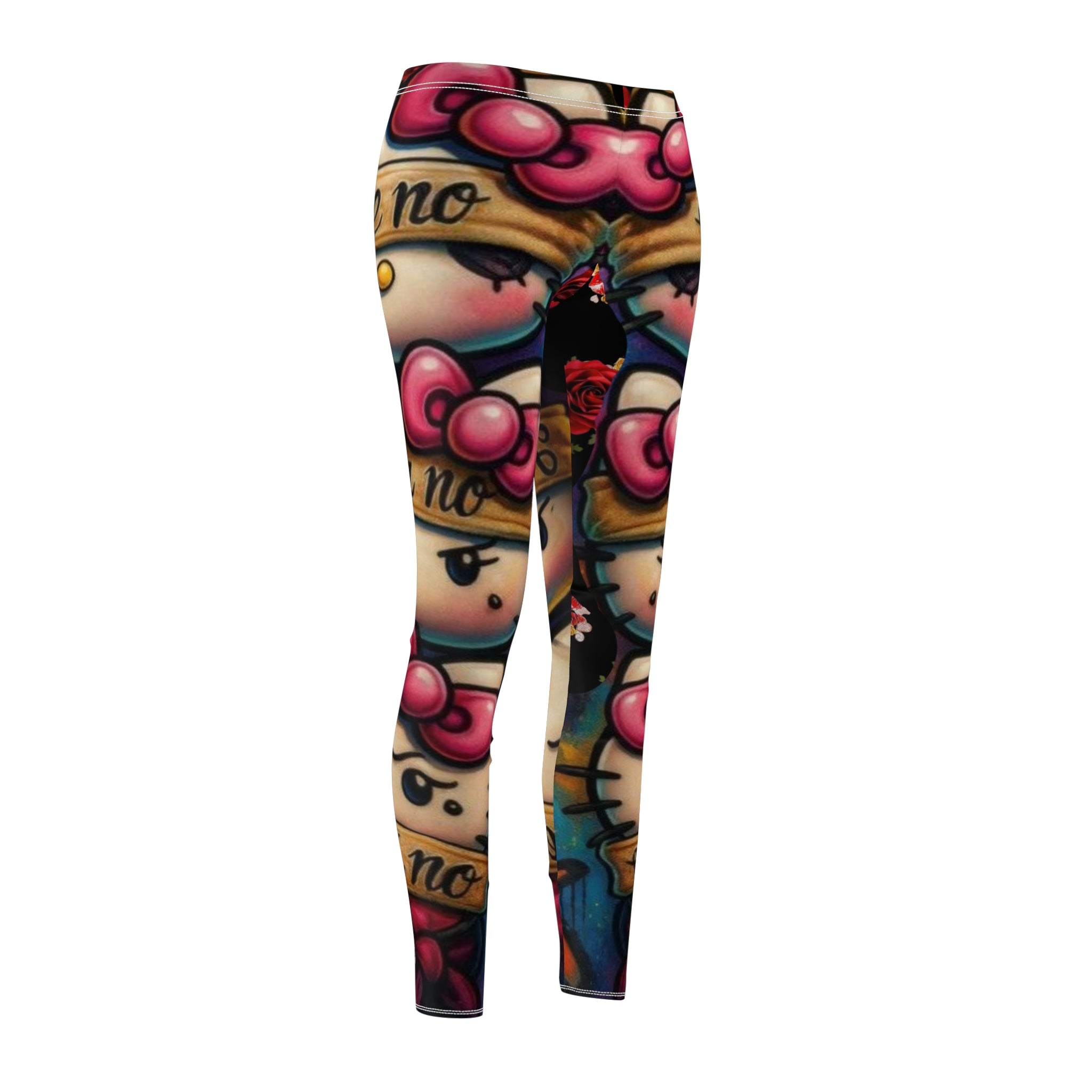 Red Rose & Lip Print Leggings — Floral Kiss Pattern Women's Leggings