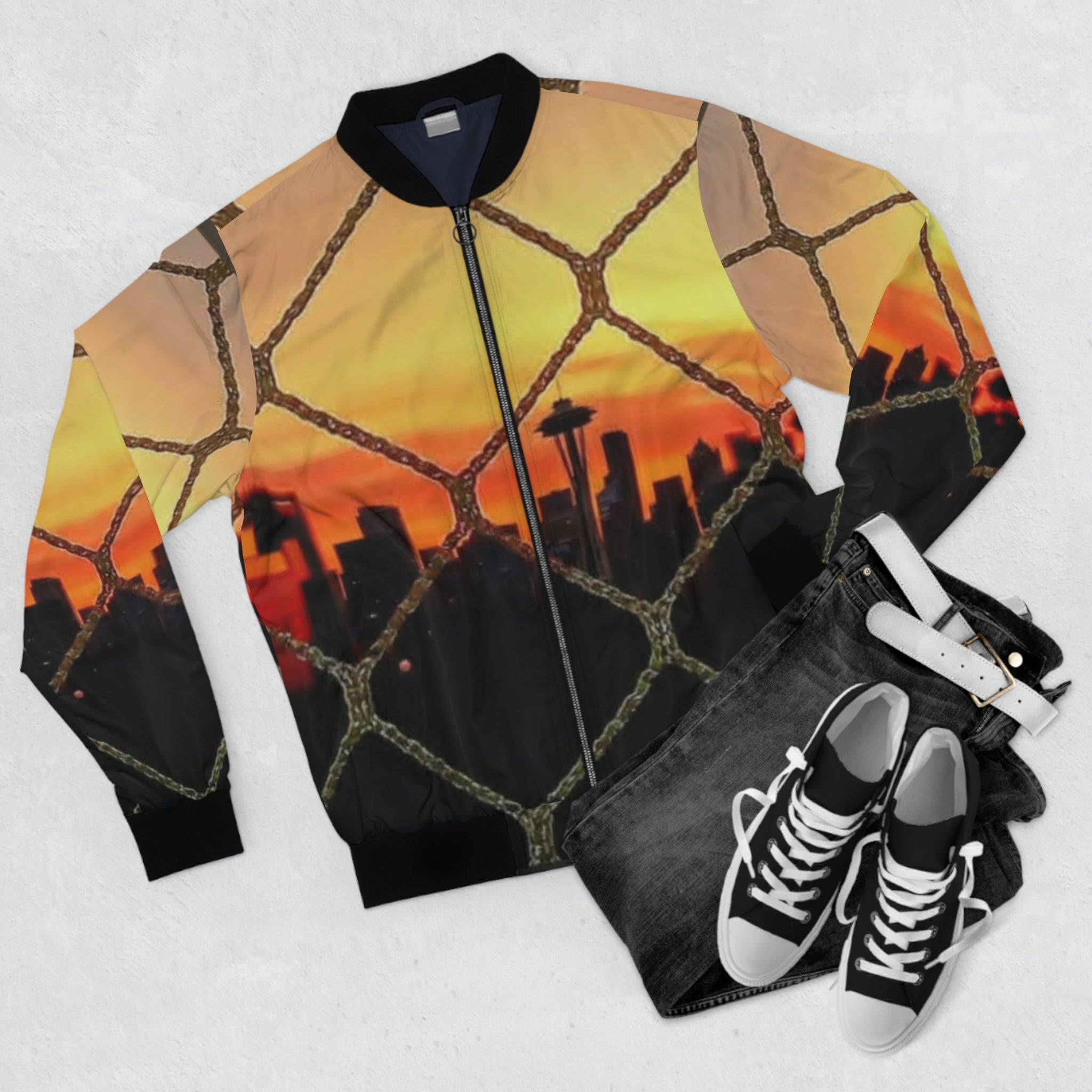 Seattle Sunset Skyline Bomber Jacket — Chainlink Fence AOP