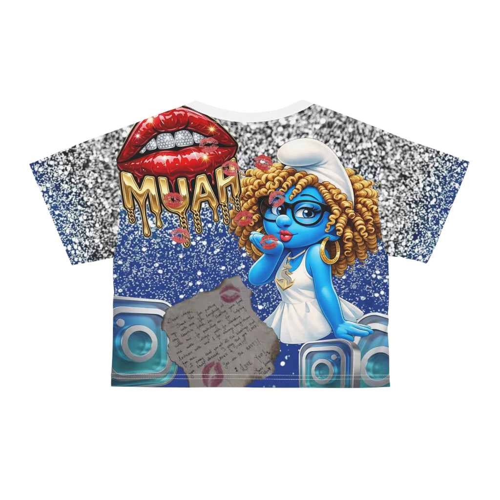 Blue Diva Crop Tee — Graphic Cartoon Girl with 'MUAH' Glitter Design
