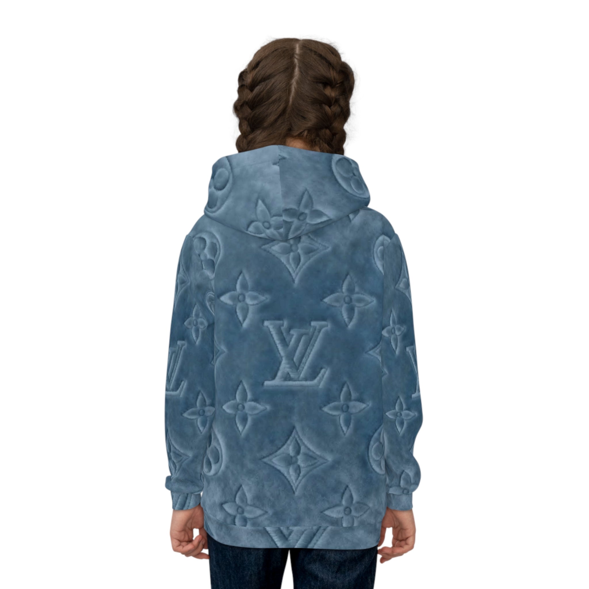 Kids Luxury Monogram Hoodie — Blue Plush All-Over Print