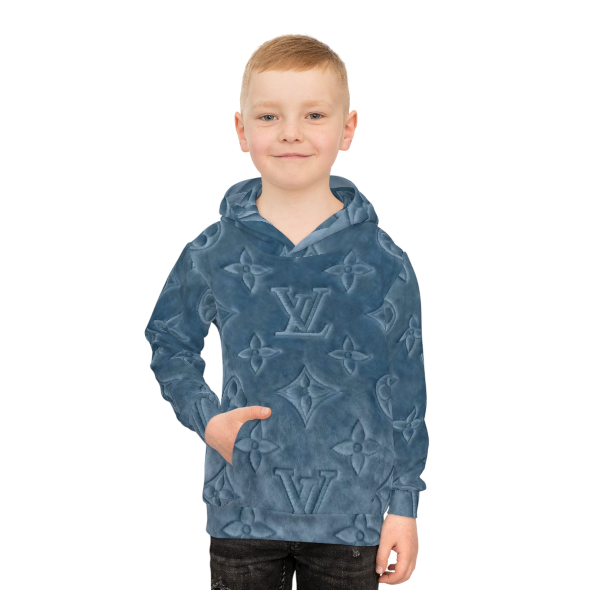 Kids Luxury Monogram Hoodie — Blue Plush All-Over Print