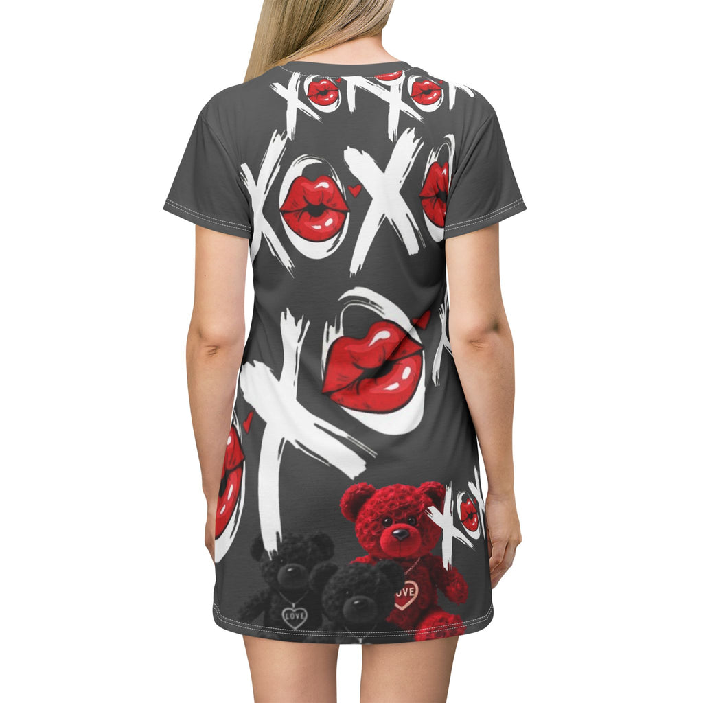 Valentine Teddy Bear T-Shirt Dress - XOXO Lips All-Over Print