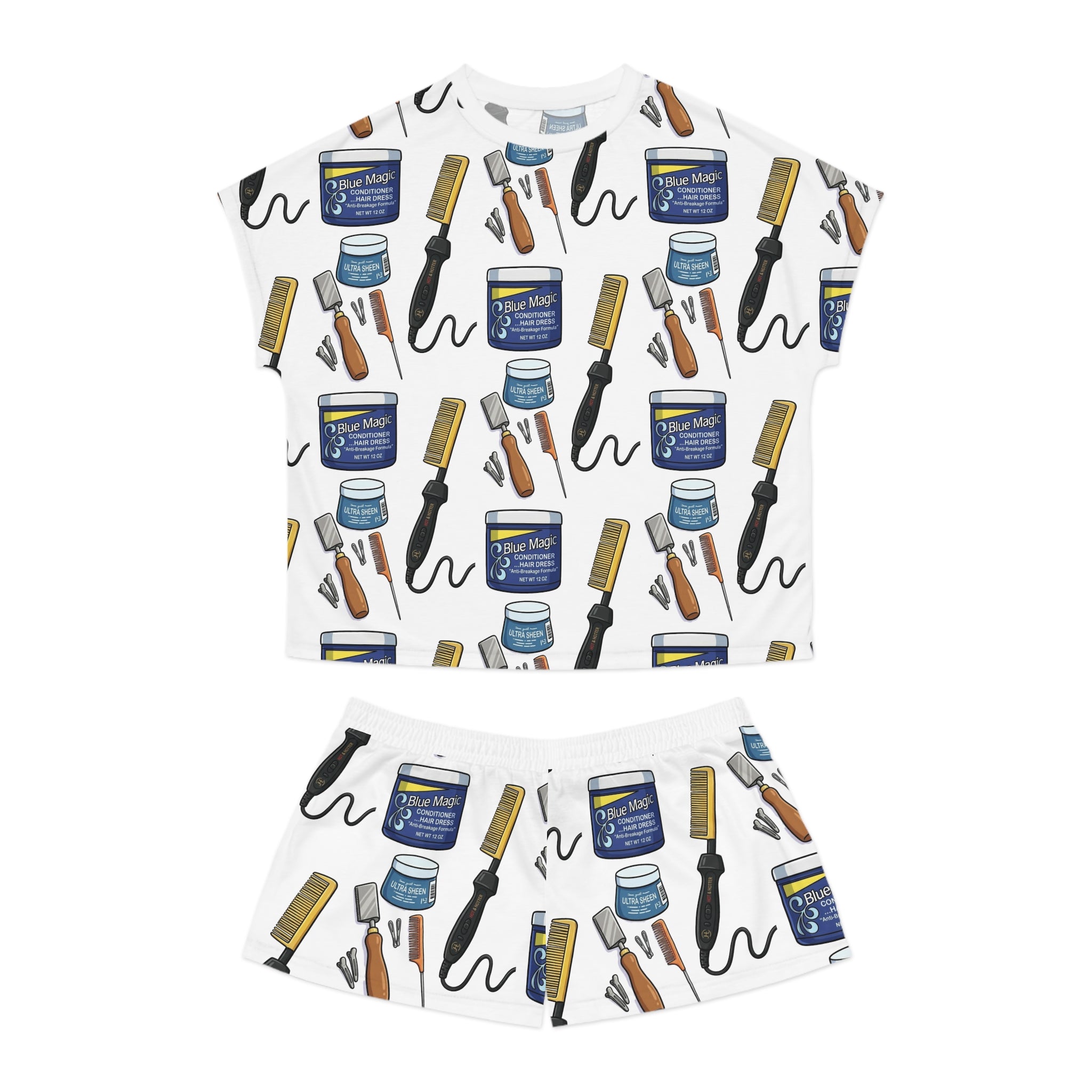 Pajama Set — Hair Care Pattern Women's Short Sleep Set (Curling Iron, Comb & Pomade Print)