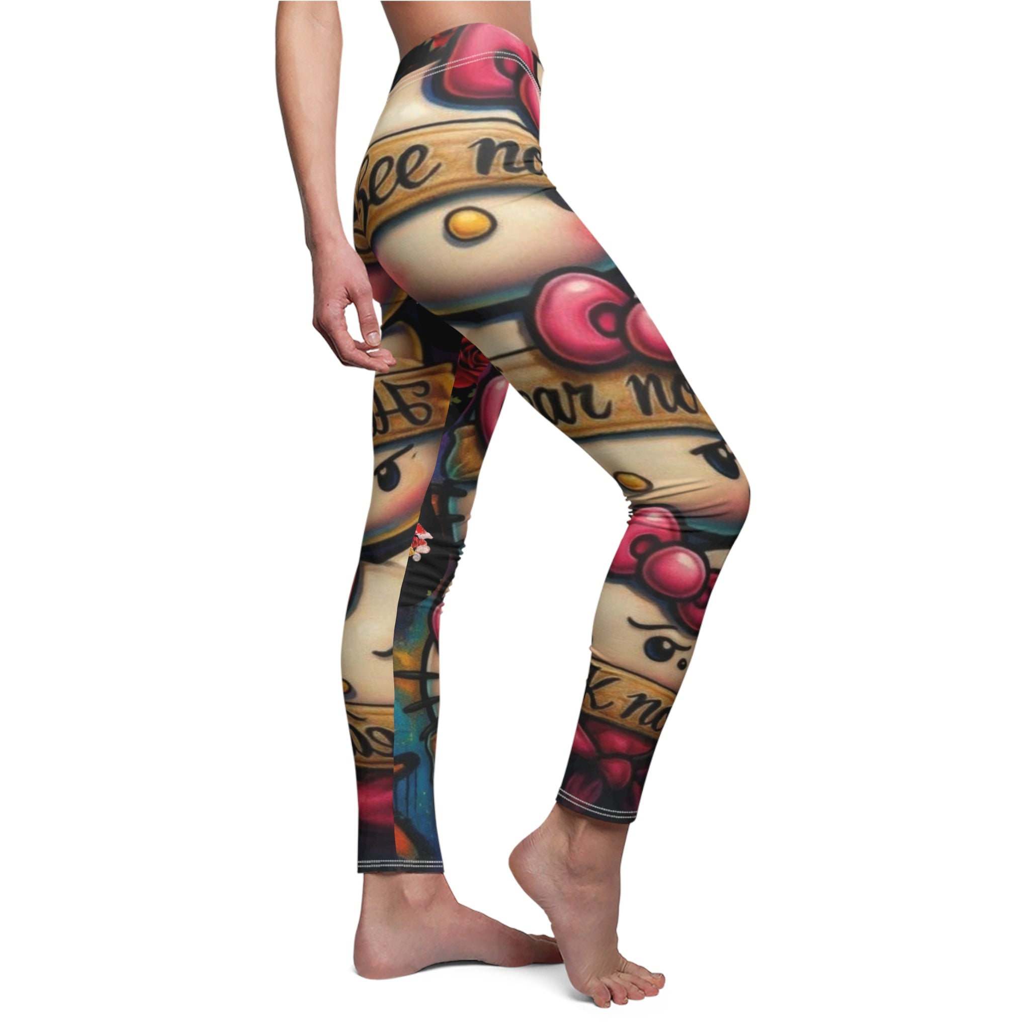 Red Rose & Lip Print Leggings — Floral Kiss Pattern Women's Leggings