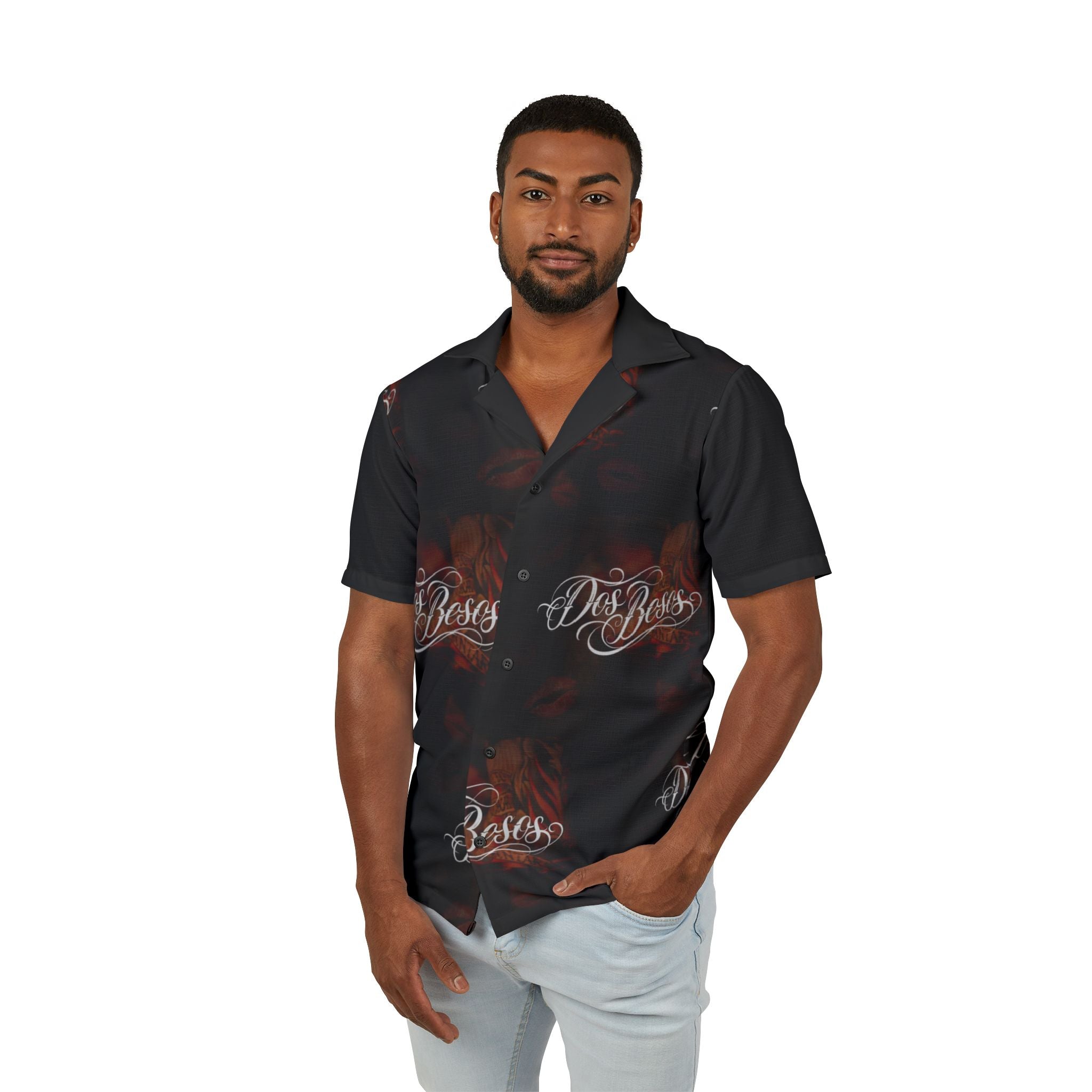 Dos Besos Hawaiian Shirt — Men’s Black Floral Camp Shirt with Script Logo