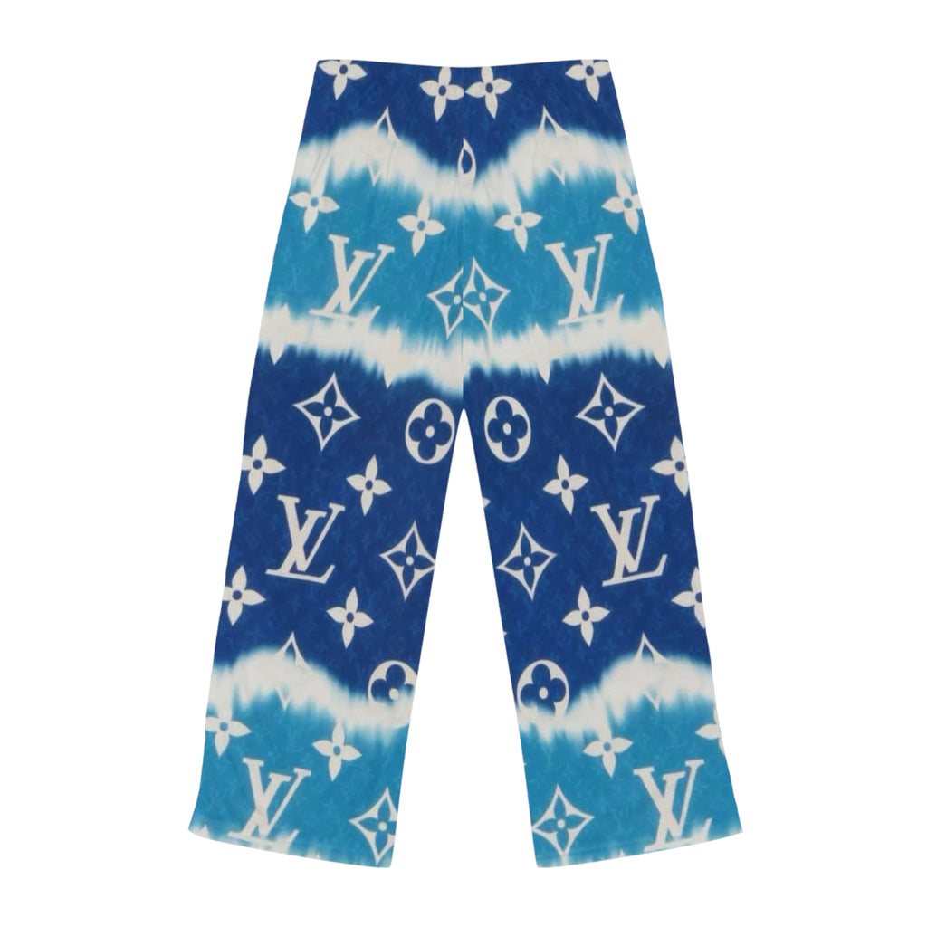 Luxury Blue Tie-Dye Lounge Pajama Pants — Monogram Print Women's Sleepwear