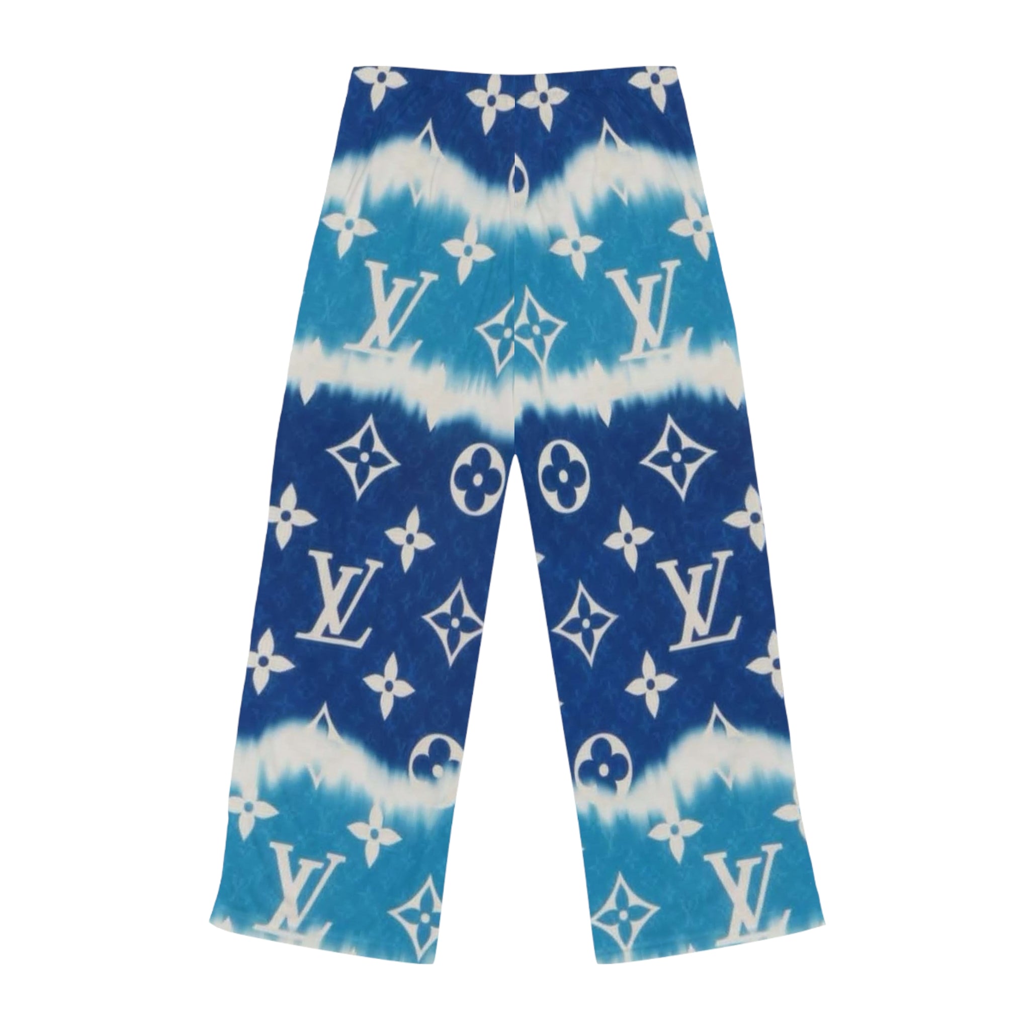 Luxury Blue Tie-Dye Lounge Pajama Pants — Monogram Print Women's Sleepwear