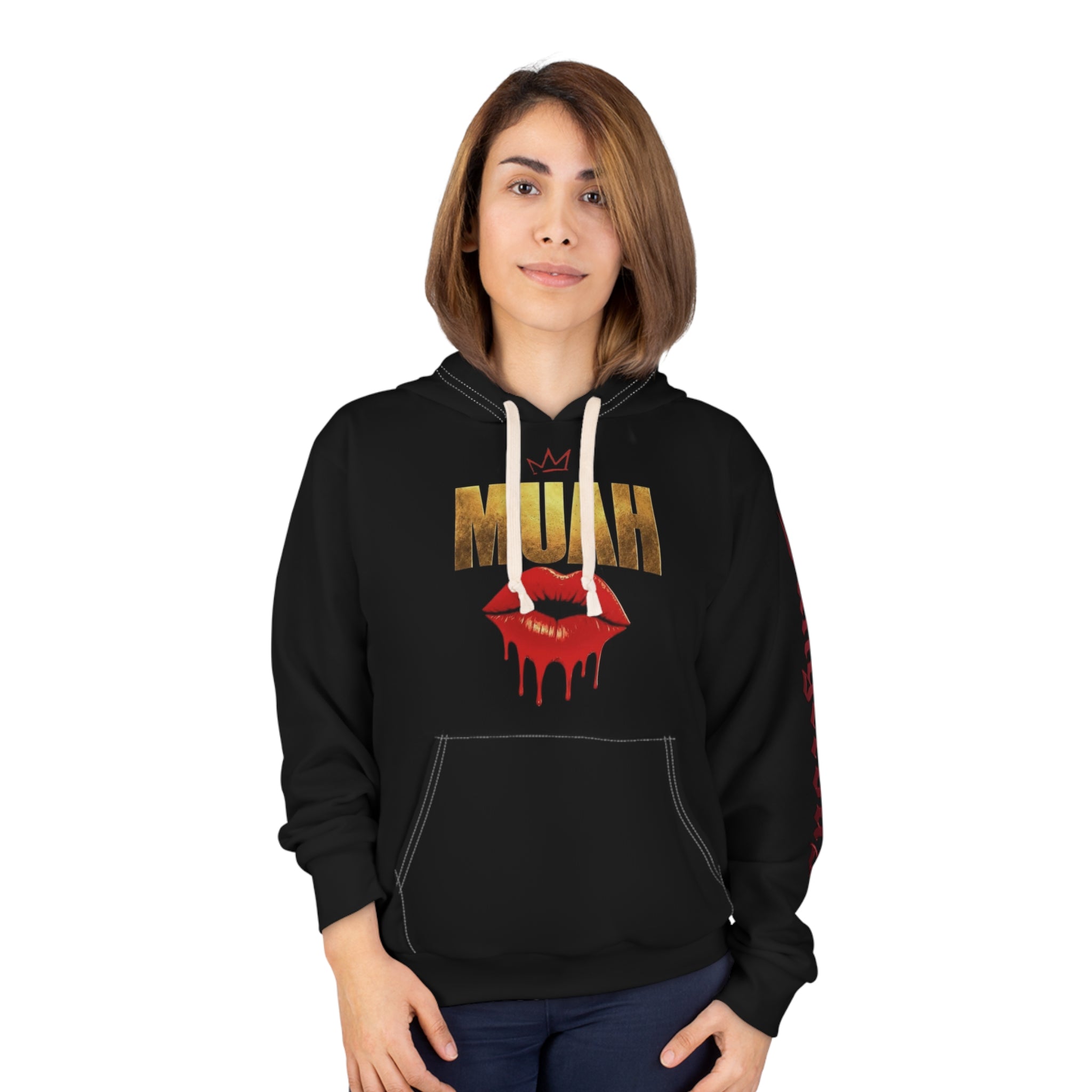 Muah Drip Lips Hoodie — 'Muah' Gold Lettering & Dripping Red Lips Pullover