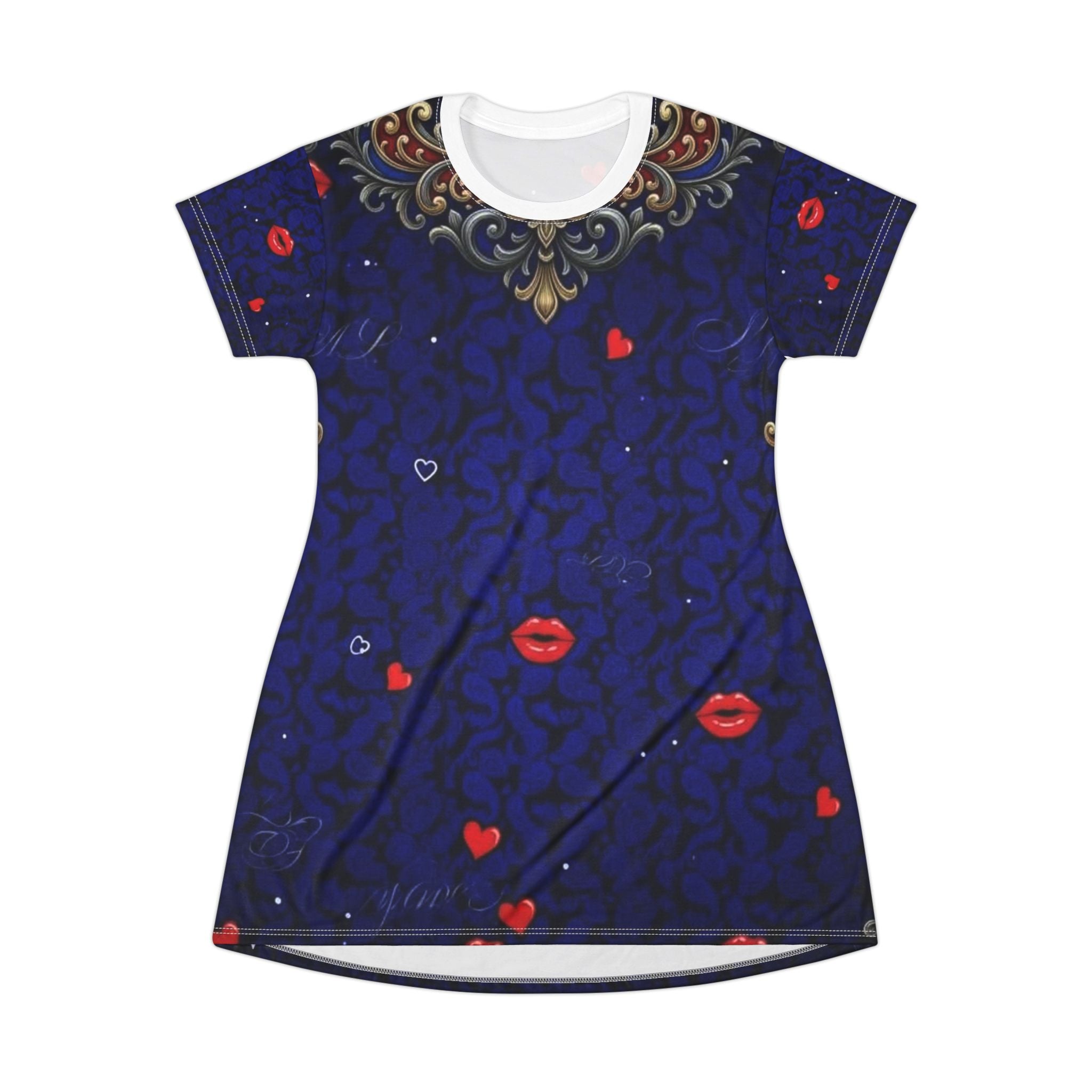 T-Shirt Dress — 'The Lips Go Crazy' All-Over Print Romantic Kiss Pattern