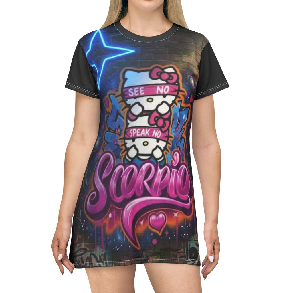 Scorpio Graffiti Kitty T-Shirt Dress — 'See No, Speak No' Cute Zodiac AOP