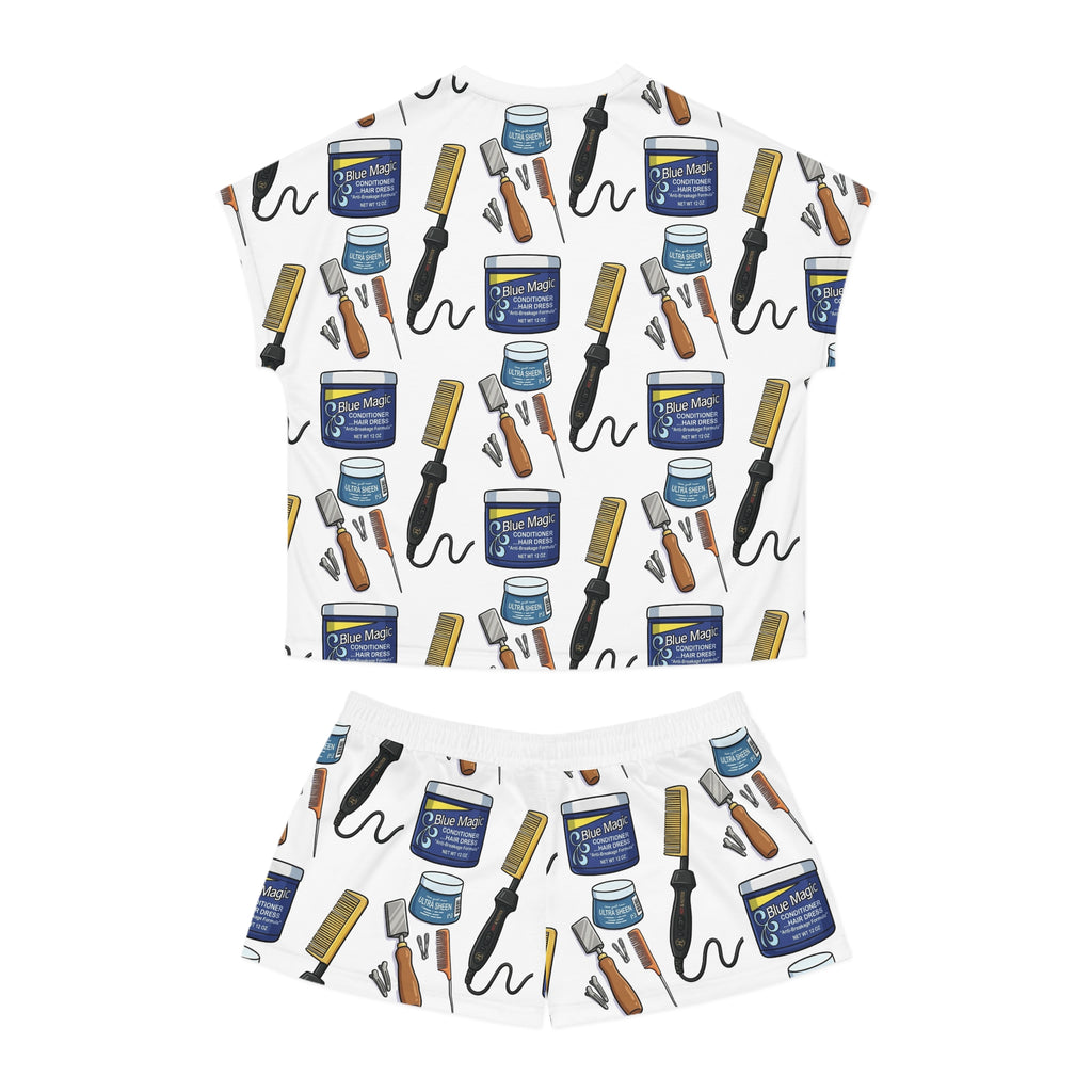 Pajama Set — Hair Care Pattern Women's Short Sleep Set (Curling Iron, Comb & Pomade Print)