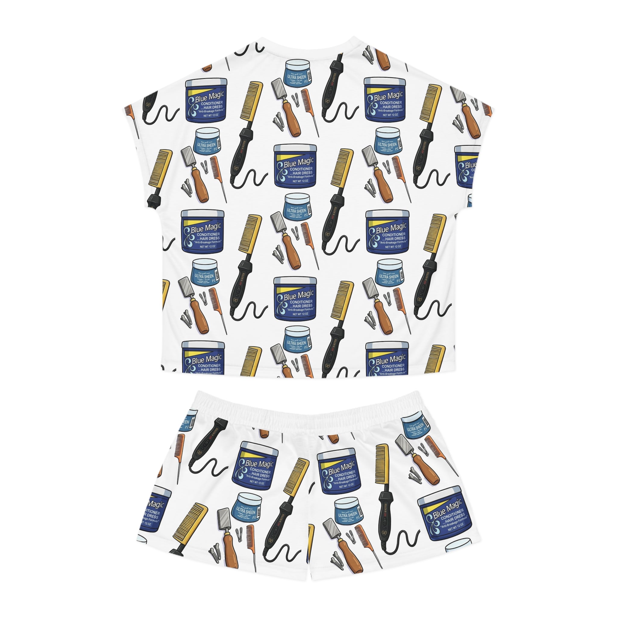 Pajama Set — Hair Care Pattern Women's Short Sleep Set (Curling Iron, Comb & Pomade Print)