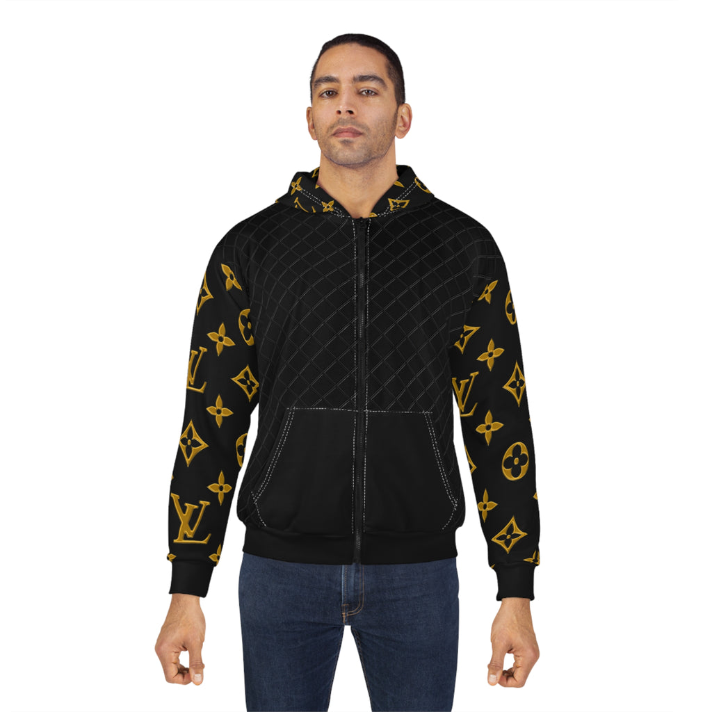 Luxury Monogram Zip Hoodie — Black & Gold Designer Pattern
