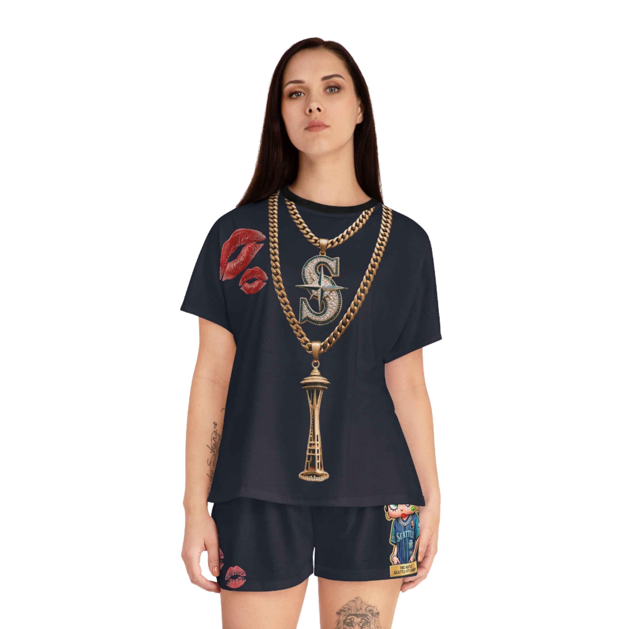 Seattle Mariners Inspired Women's Pajama Set — Cute Girl Mascot, Gold Necklace & Lip Print Sleepwear