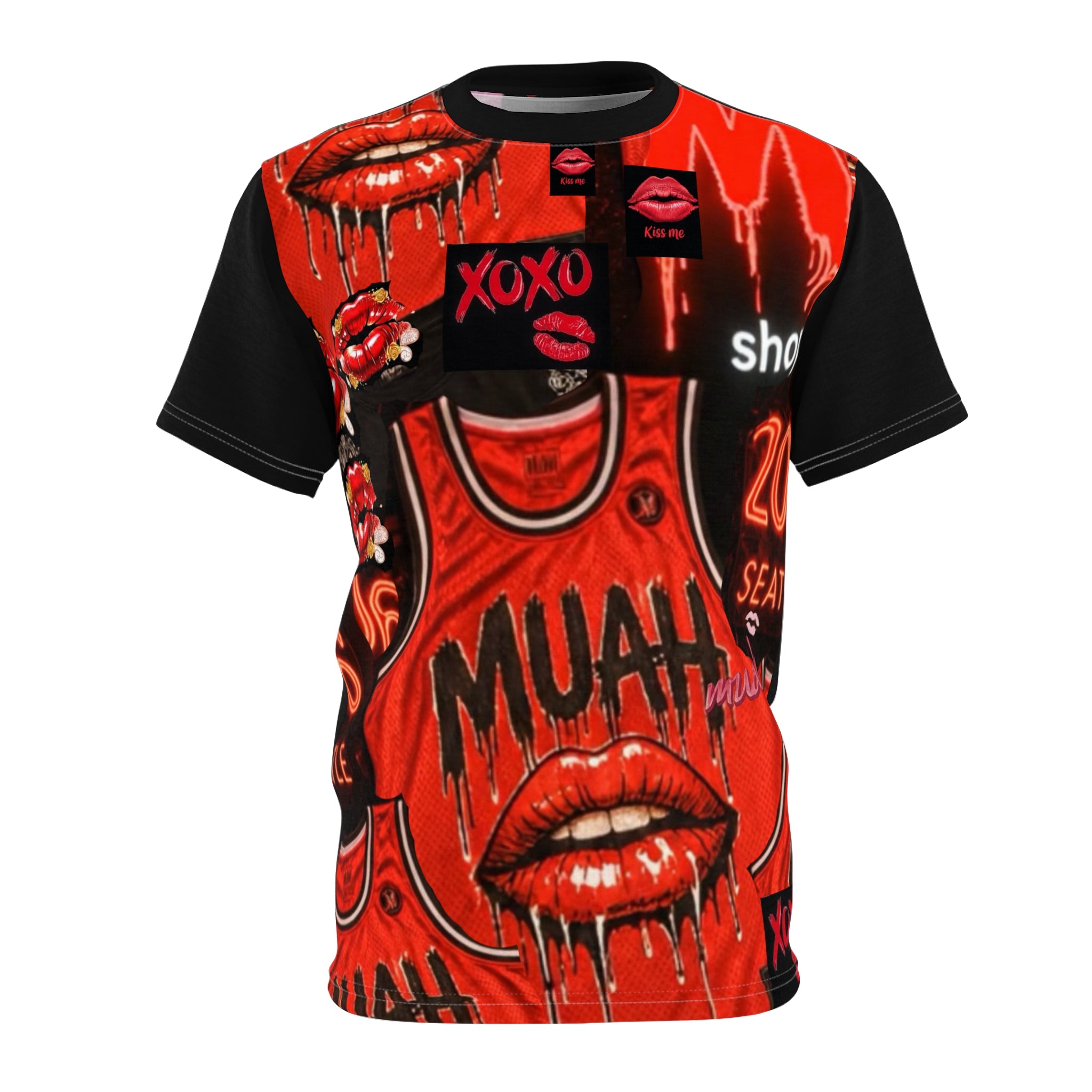 Red 'Muah' Kiss Graphic Tee — All-Over Print Streetwear Shirt