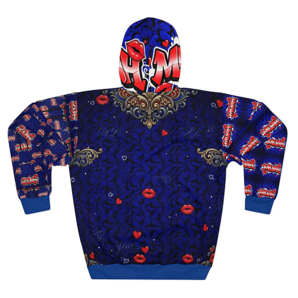 Muah Graphic Hoodie — Romantic Lip & Hearts All-Over Print Pullover
