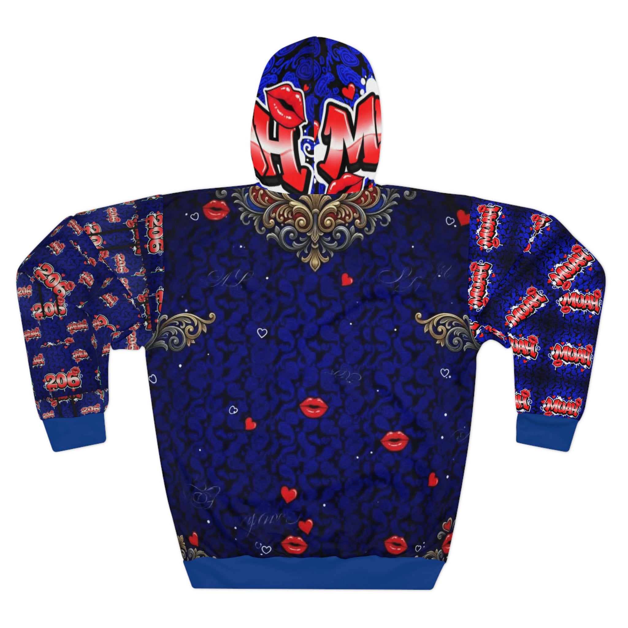 Muah Graphic Hoodie — Romantic Lip & Hearts All-Over Print Pullover