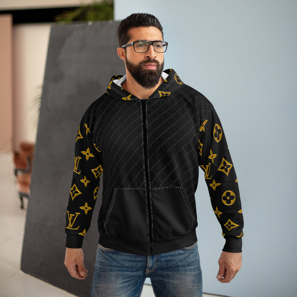 Luxury Monogram Zip Hoodie — Black & Gold Designer Pattern
