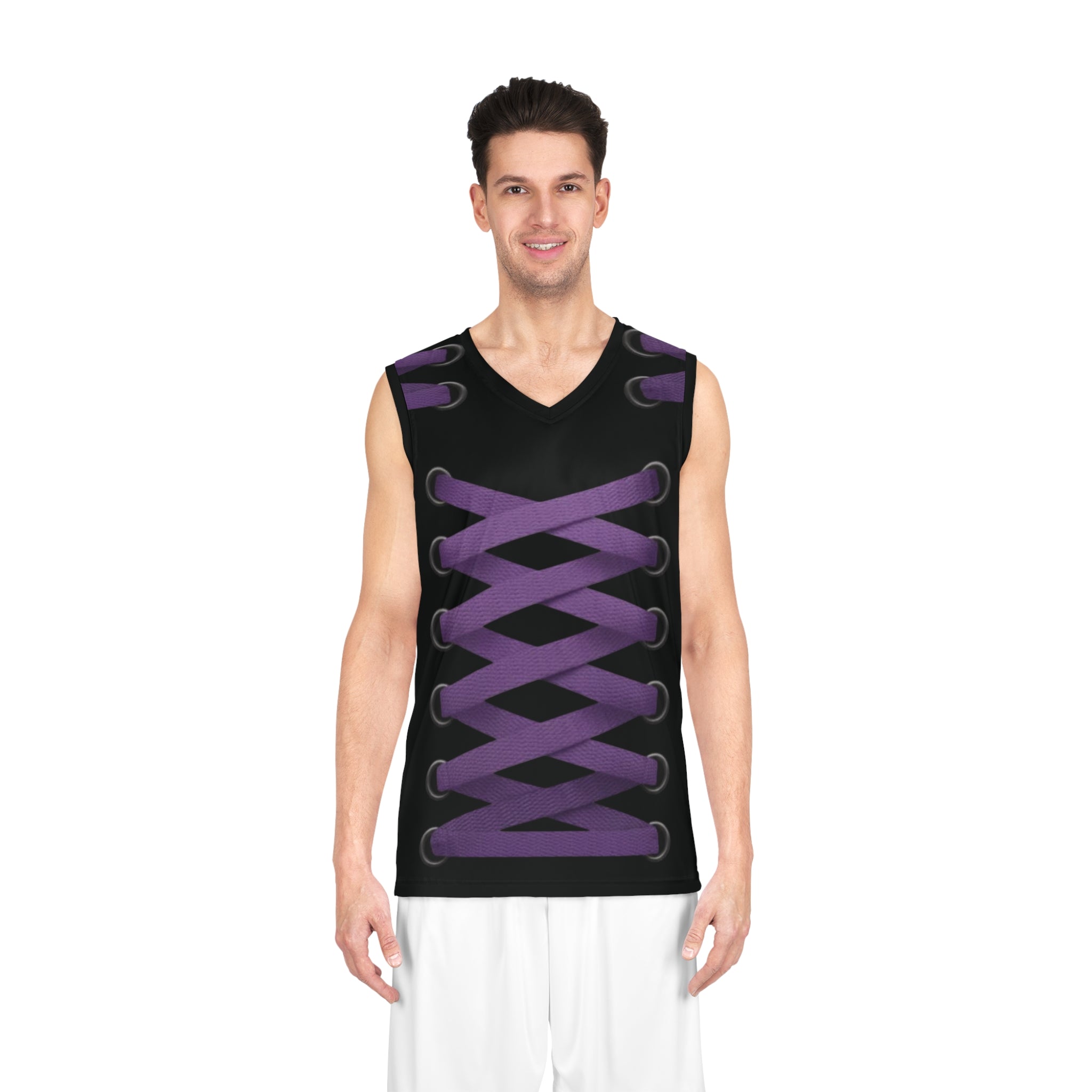 Laced-Up Basketball Jersey — Black with Purple Shoelace Design