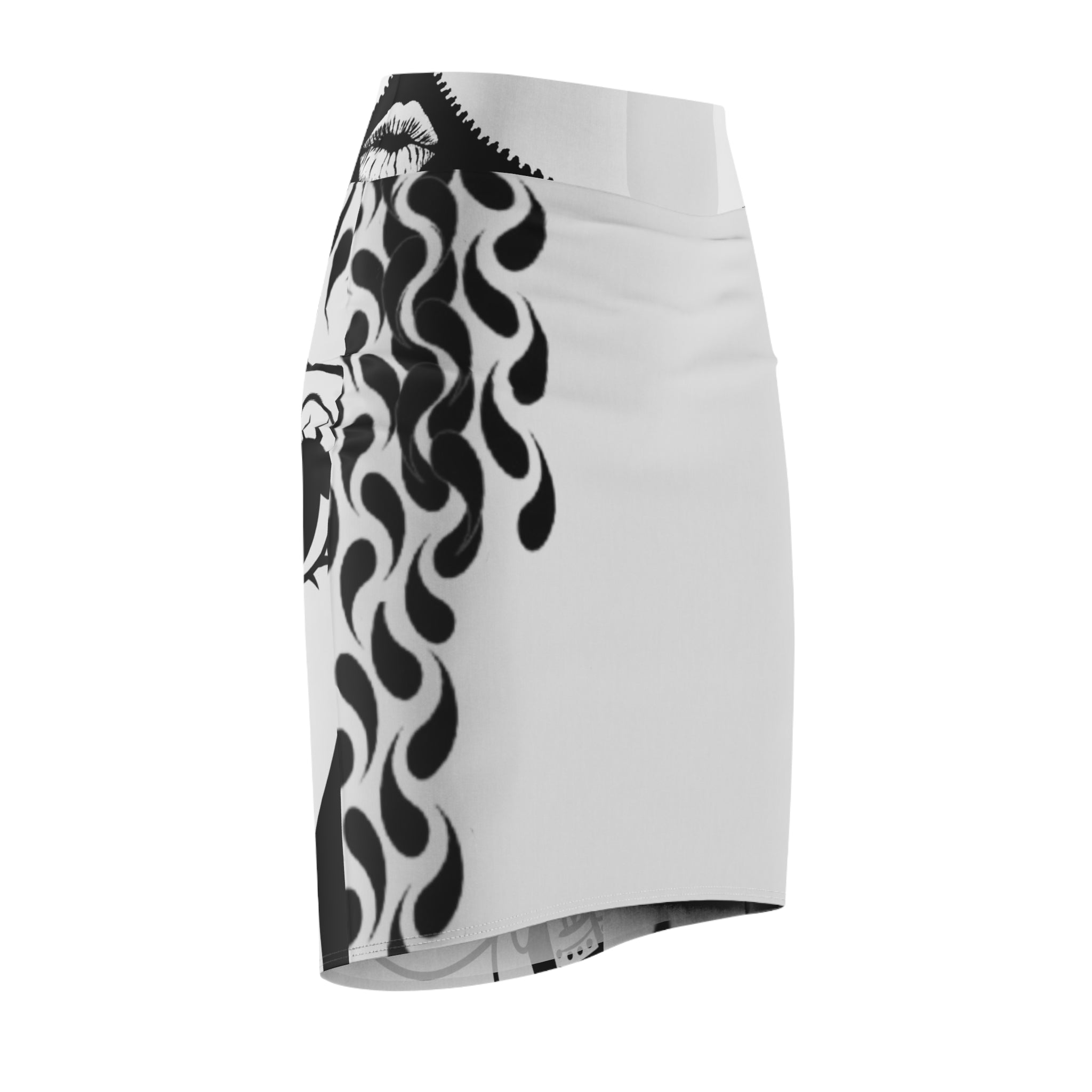 Black & White Graphic Face Pencil Skirt — Bold Tribal Flame Pattern