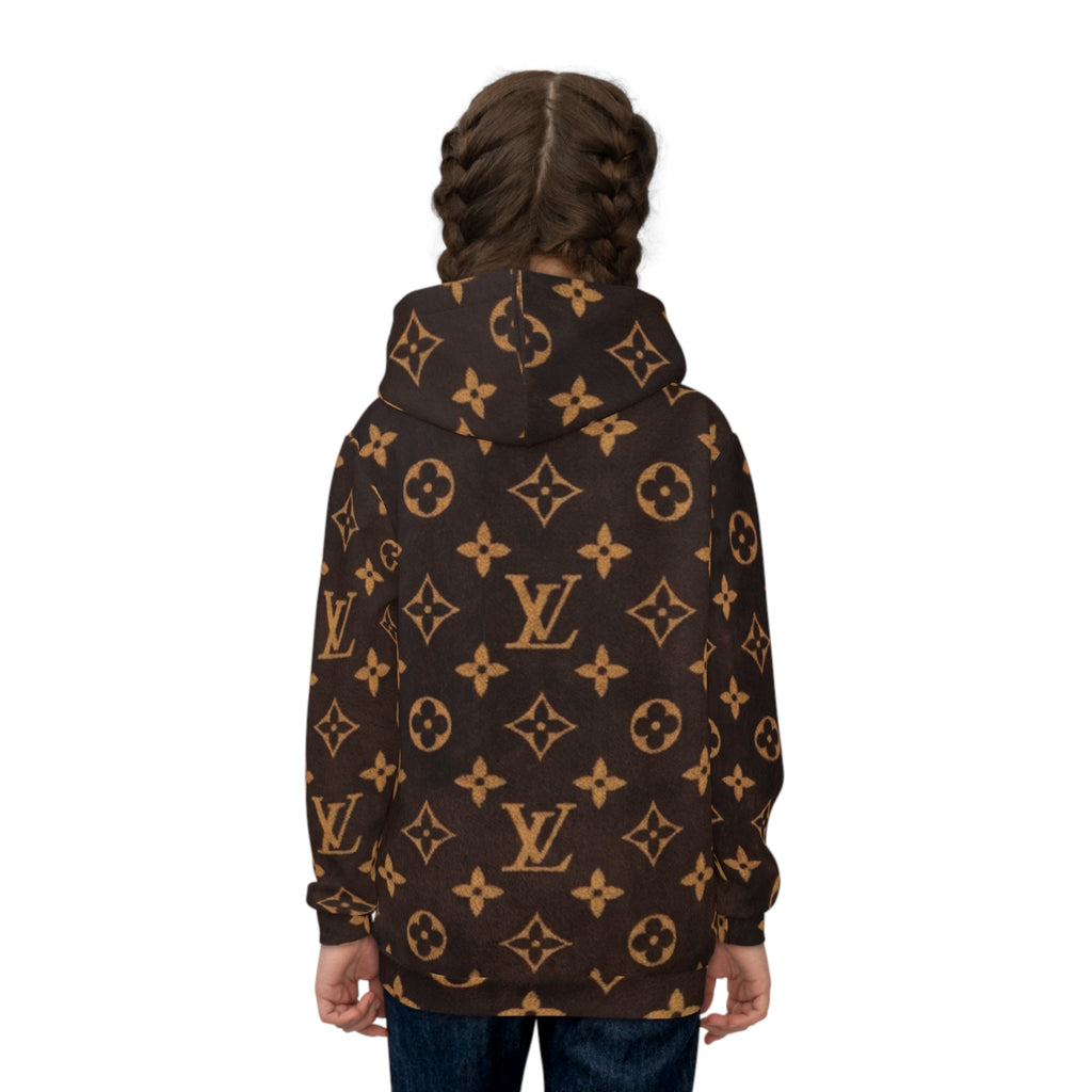 Children's Designer-Inspired Hoodie — Brown Monogram Print with Cute Kitty Pocket