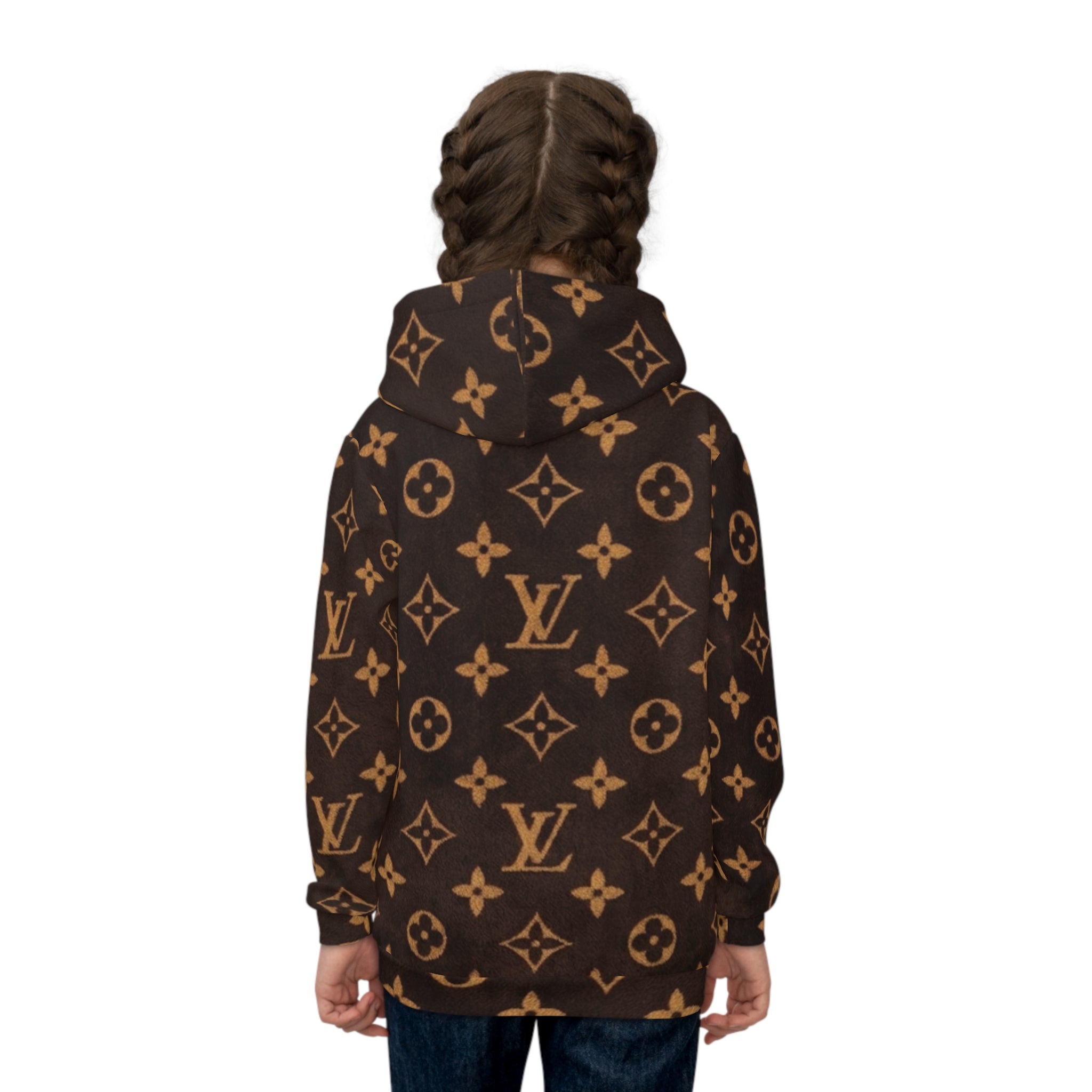 Children's Designer-Inspired Hoodie — Brown Monogram Print with Cute Kitty Pocket