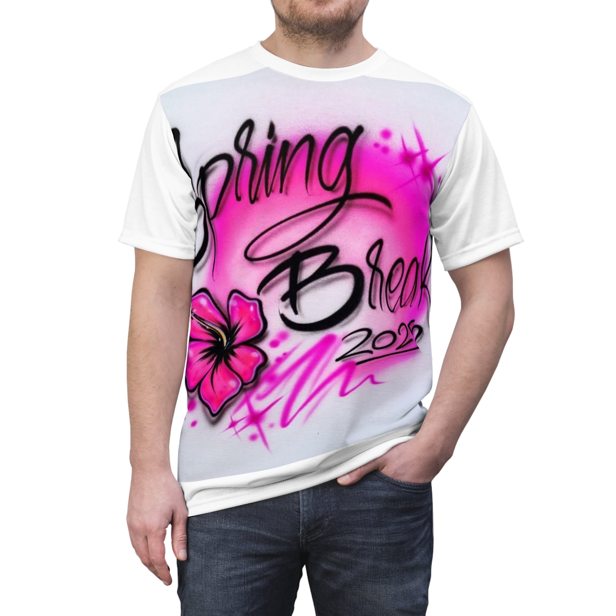 Spring Break 2025 Tee — Pink Hibiscus Airbrush Graphic