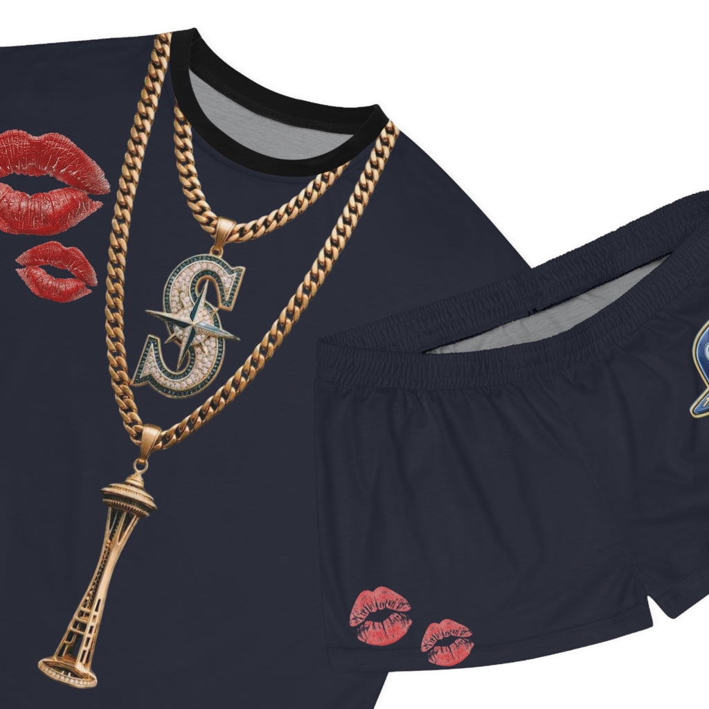 Seattle Mariners Inspired Women's Pajama Set — Cute Girl Mascot, Gold Necklace & Lip Print Sleepwear
