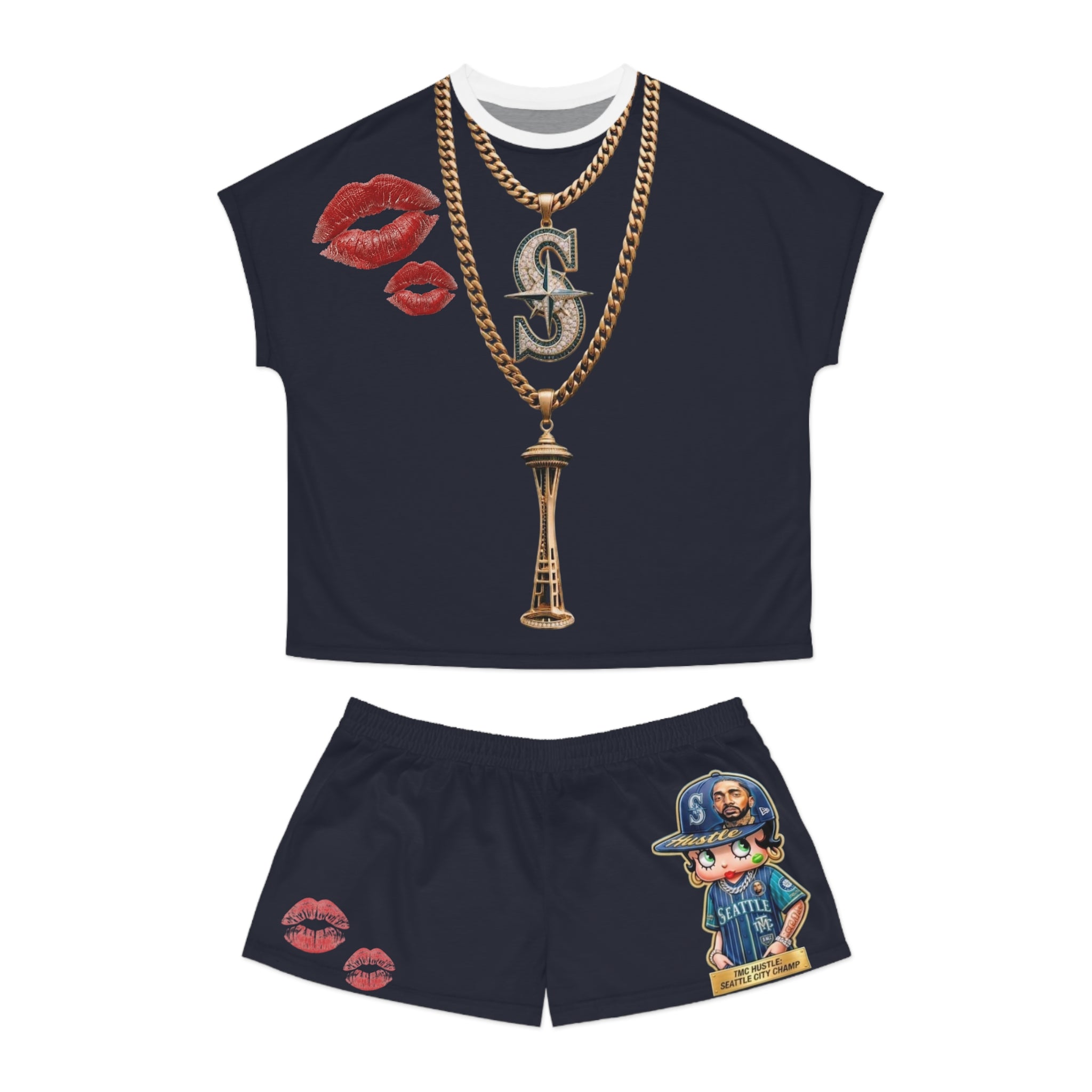 Seattle Mariners Inspired Women's Pajama Set — Cute Girl Mascot, Gold Necklace & Lip Print Sleepwear