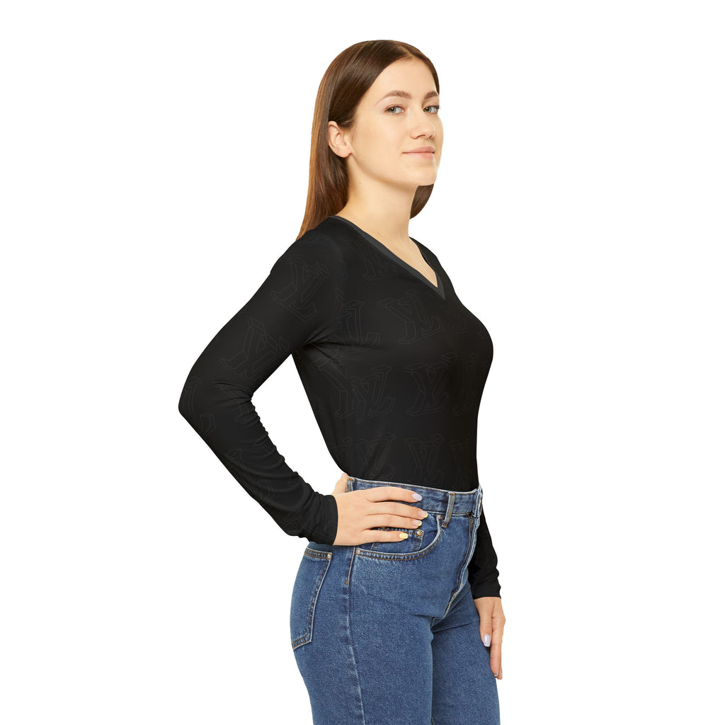 Women's V-Neck Long Sleeve Shirt — All-Over Black Minimalist Pattern