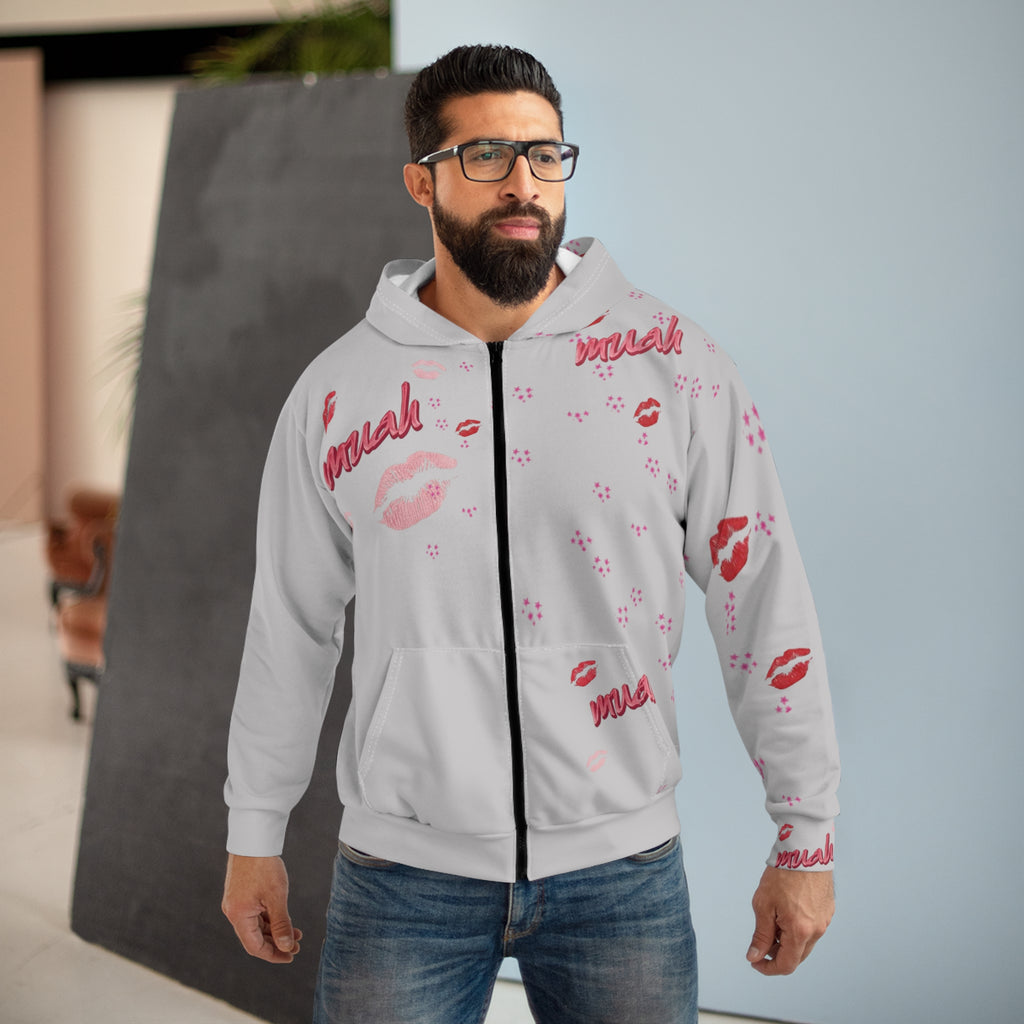 Kiss Pattern Zip Hoodie — "Muah" All-Over Print