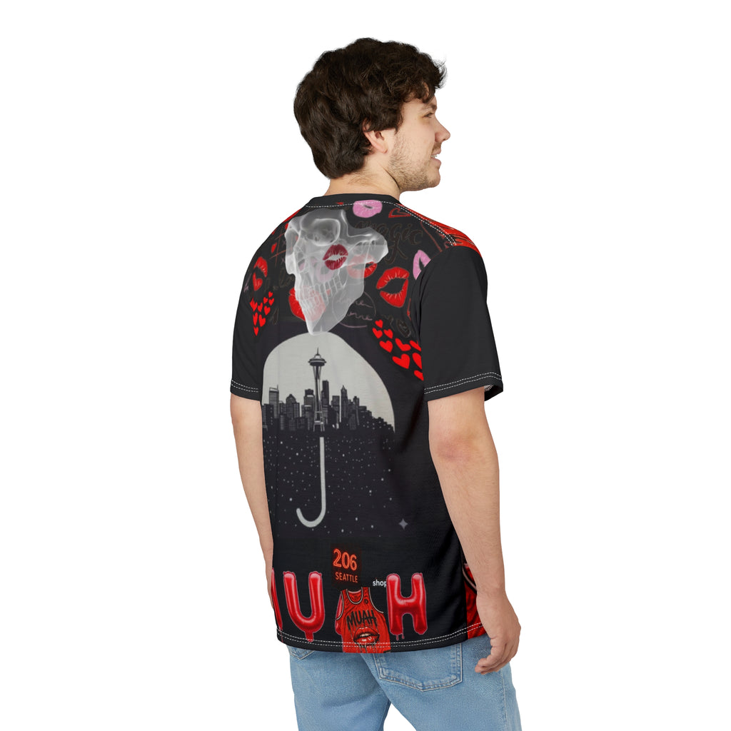 Red 'Muah' Kiss Graphic Tee — All-Over Print Streetwear Shirt