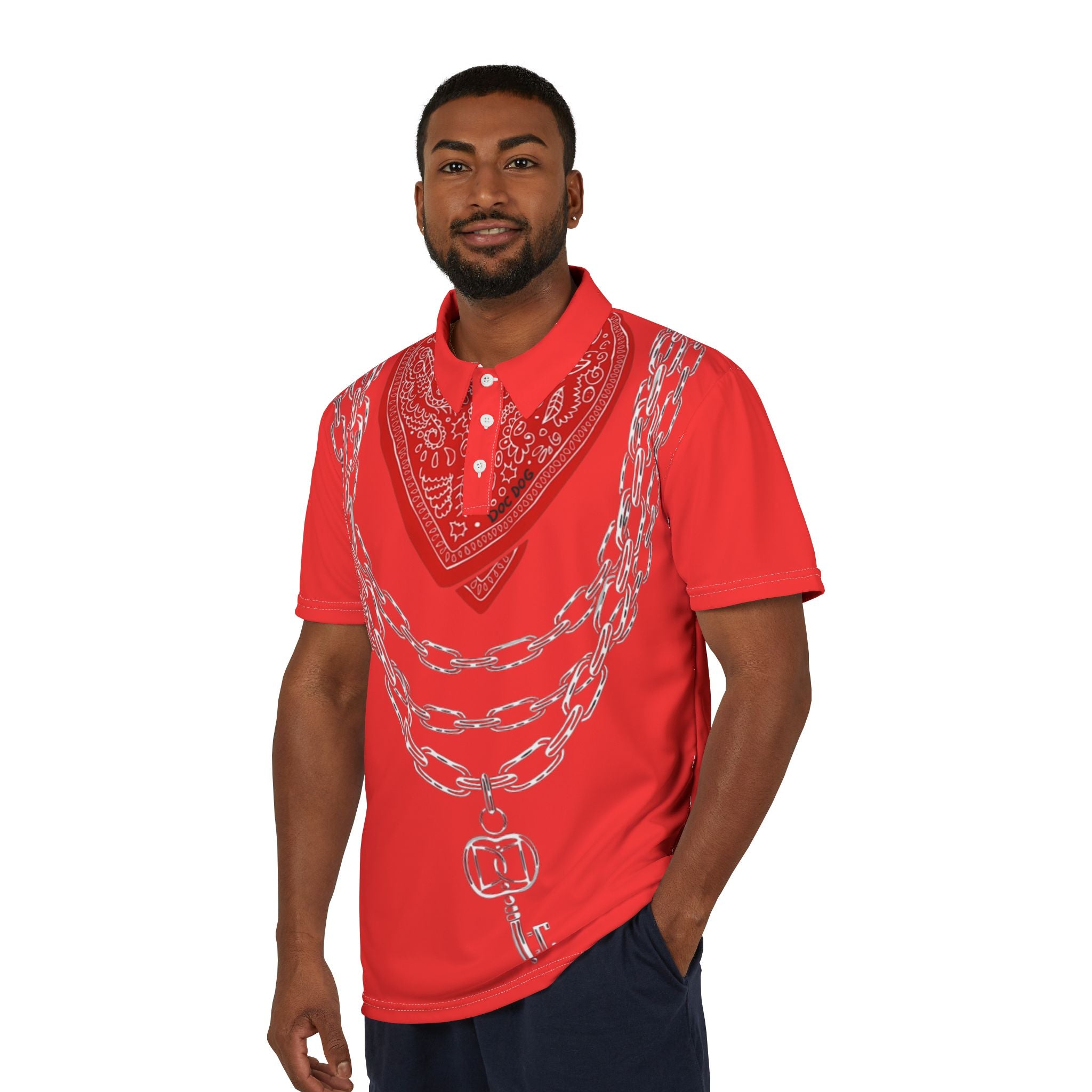 Red Bandana & Chain Print Polo Shirt — Novelty Graphic Menswear