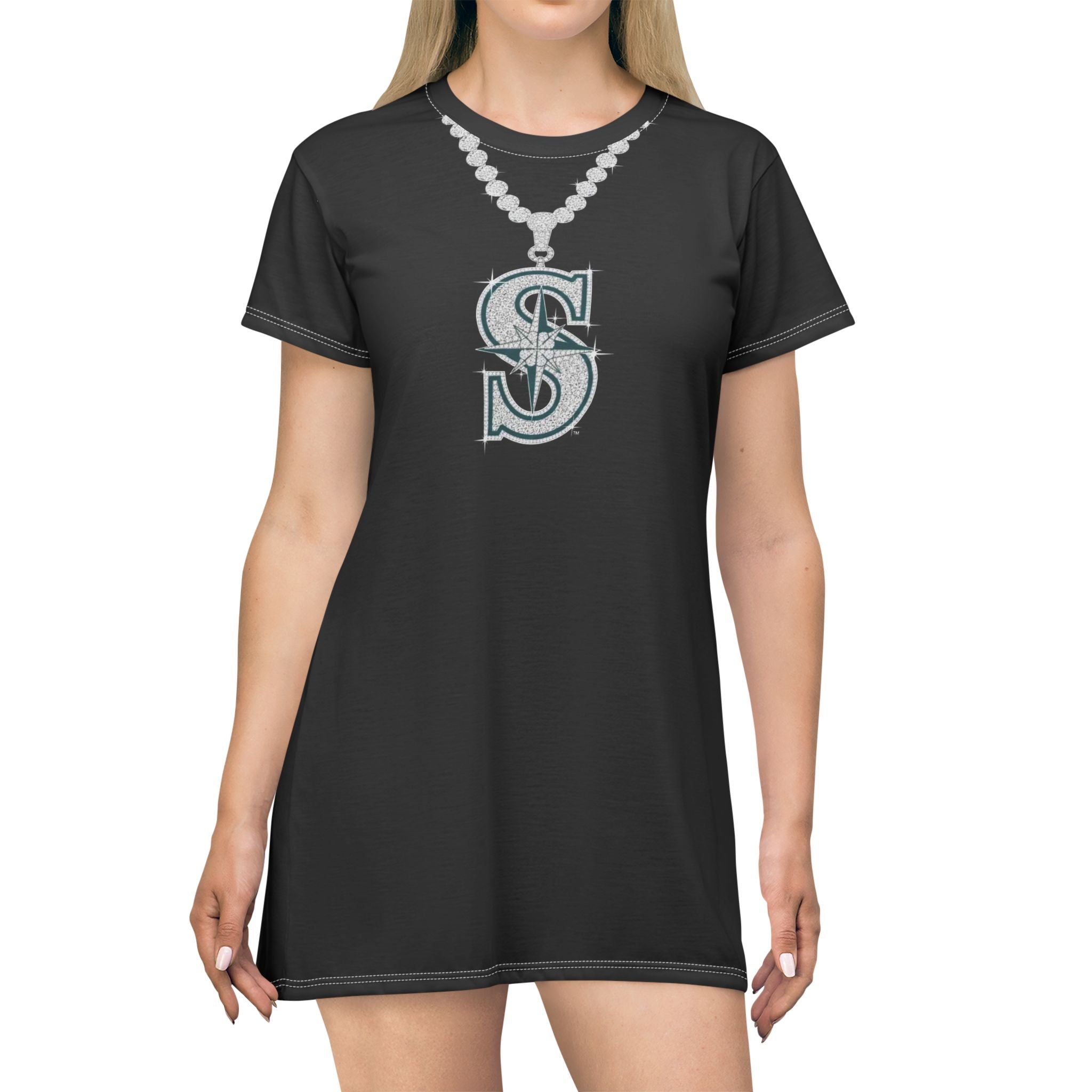 S Script Necklace Graphic T‑Shirt Dress — Black All‑Over Print