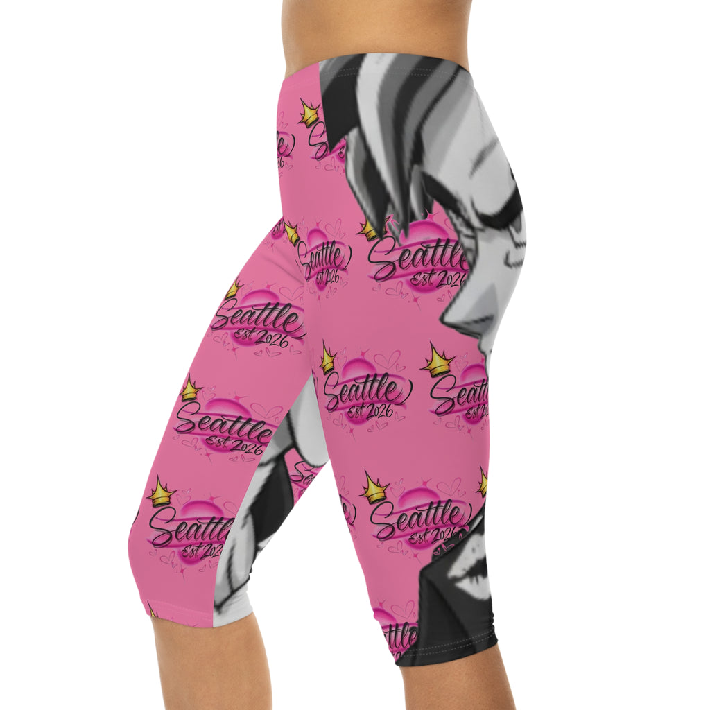 Seattle Queen Capri Leggings — Pink Anime Kiss Graphic