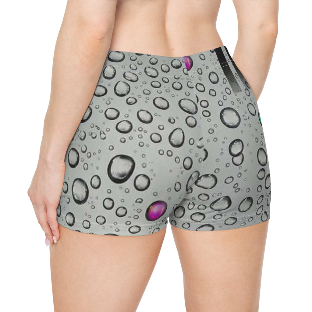 Water Droplet Women's Shorts — Gray Rain Bubble Print with Color Accents