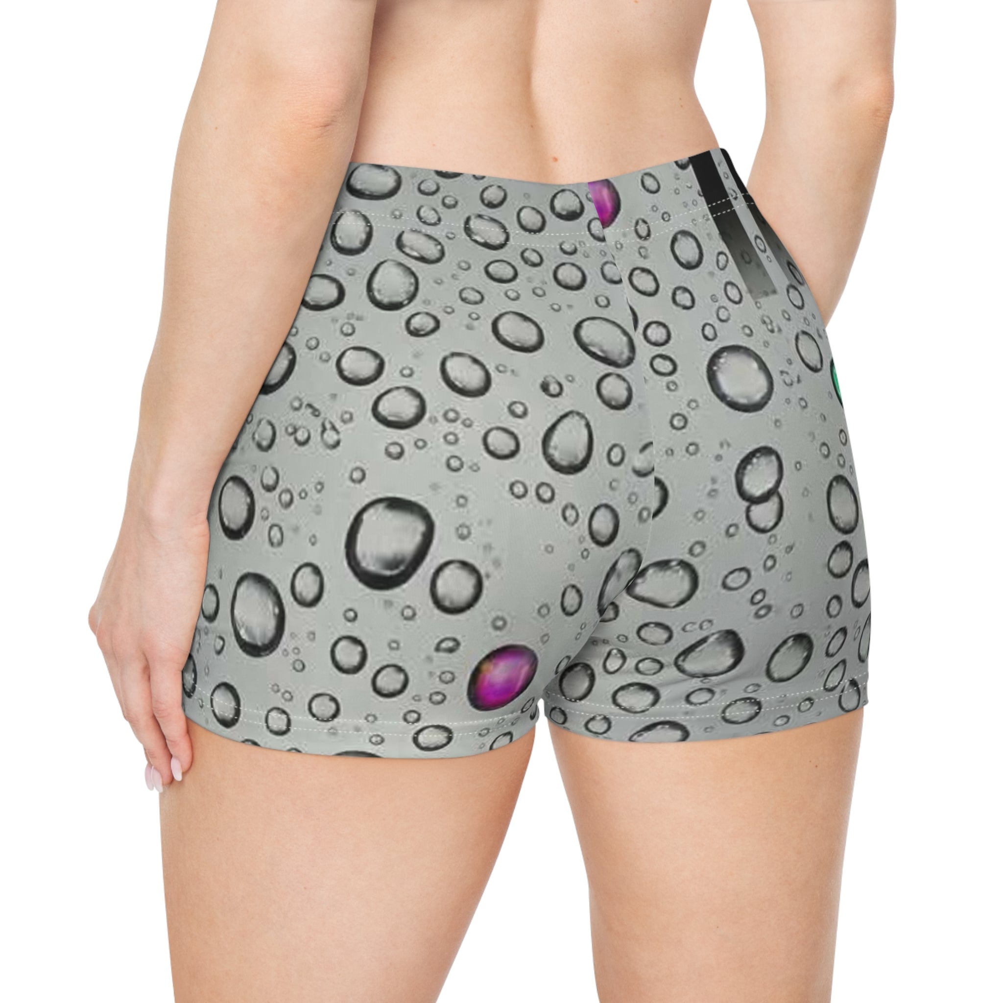 Water Droplet Women's Shorts — Gray Rain Bubble Print with Color Accents