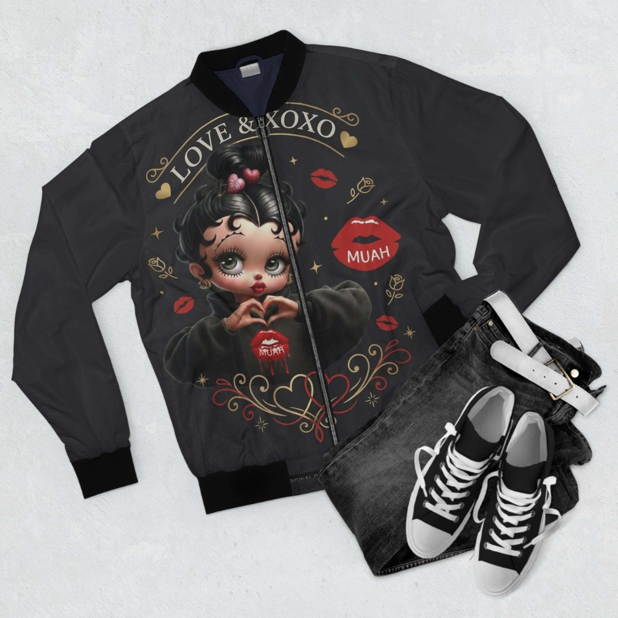 Love & XOXO Bomber Jacket — Retro Kiss-Print Men's Jacket