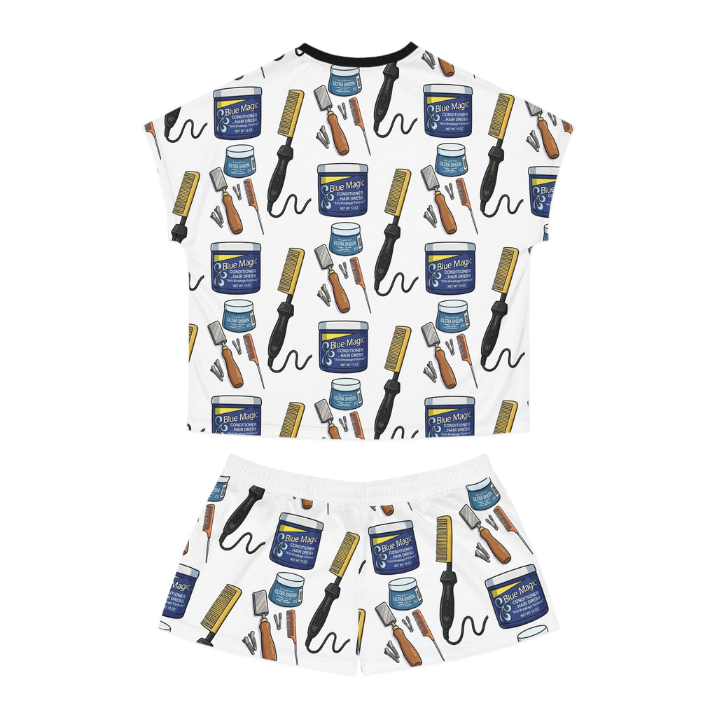 Pajama Set — Hair Care Pattern Women's Short Sleep Set (Curling Iron, Comb & Pomade Print)