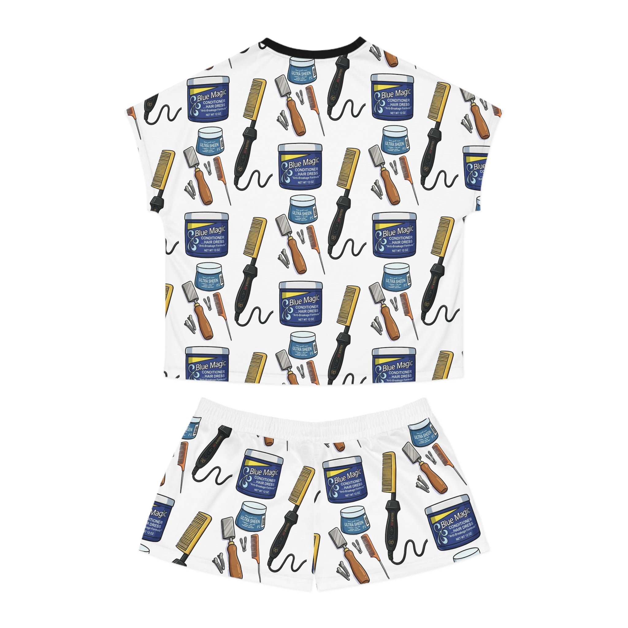 Pajama Set — Hair Care Pattern Women's Short Sleep Set (Curling Iron, Comb & Pomade Print)