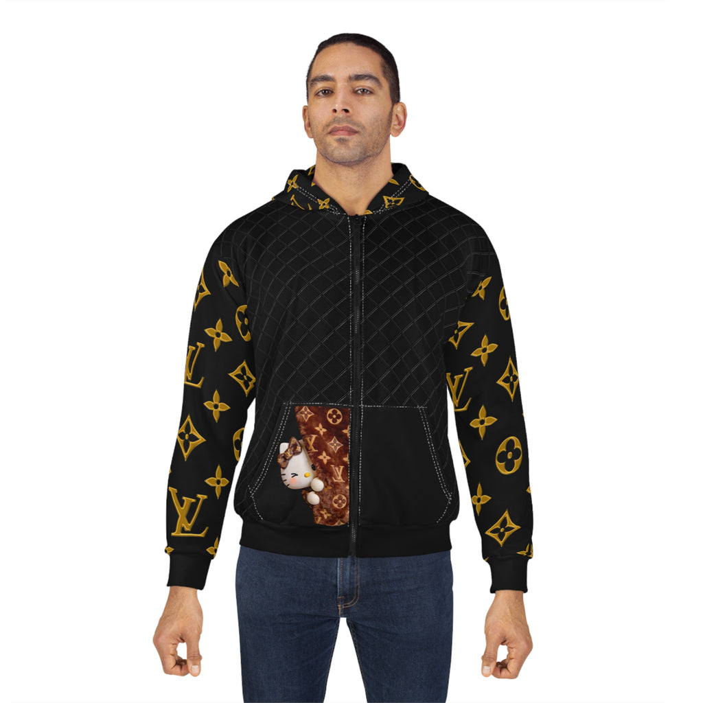 Luxury Monogram Zip Hoodie — Black & Gold Designer Pattern