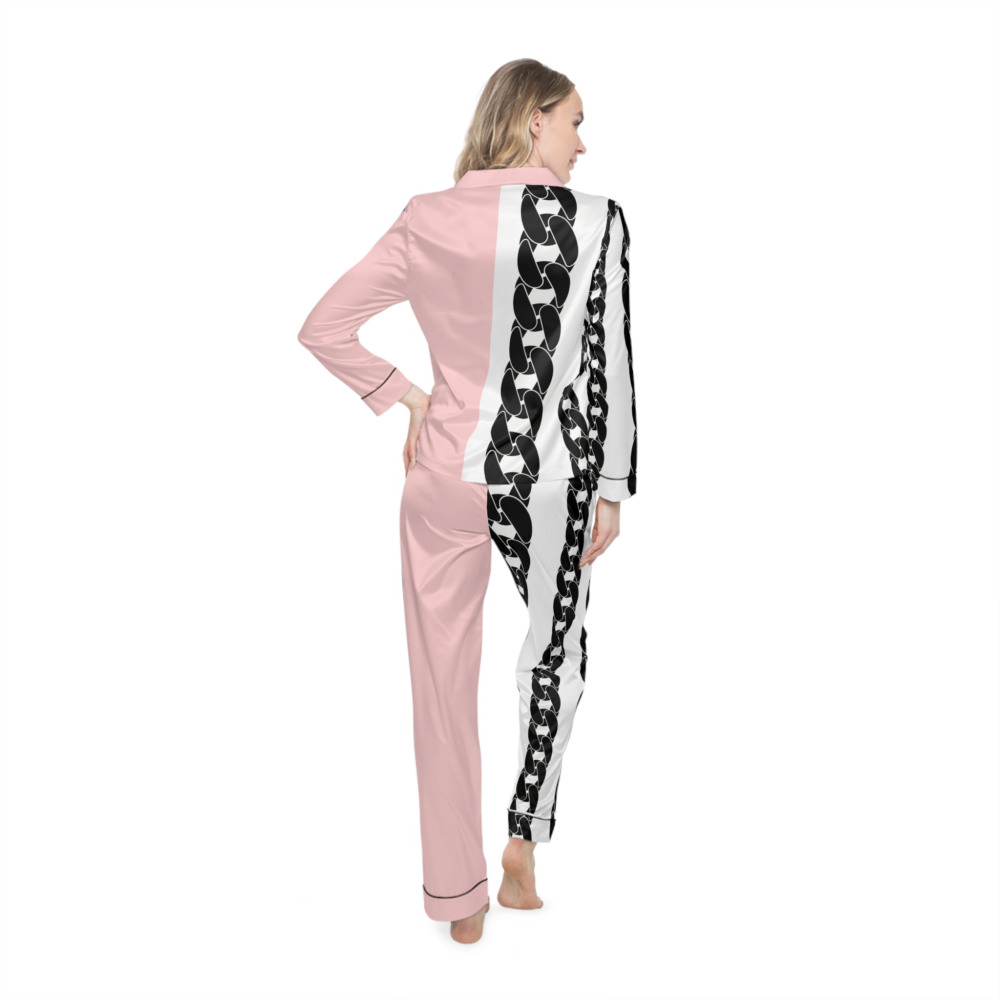 Pink Satin Pajama Set with Black Chain Print — Women's Luxe Sleepwear
