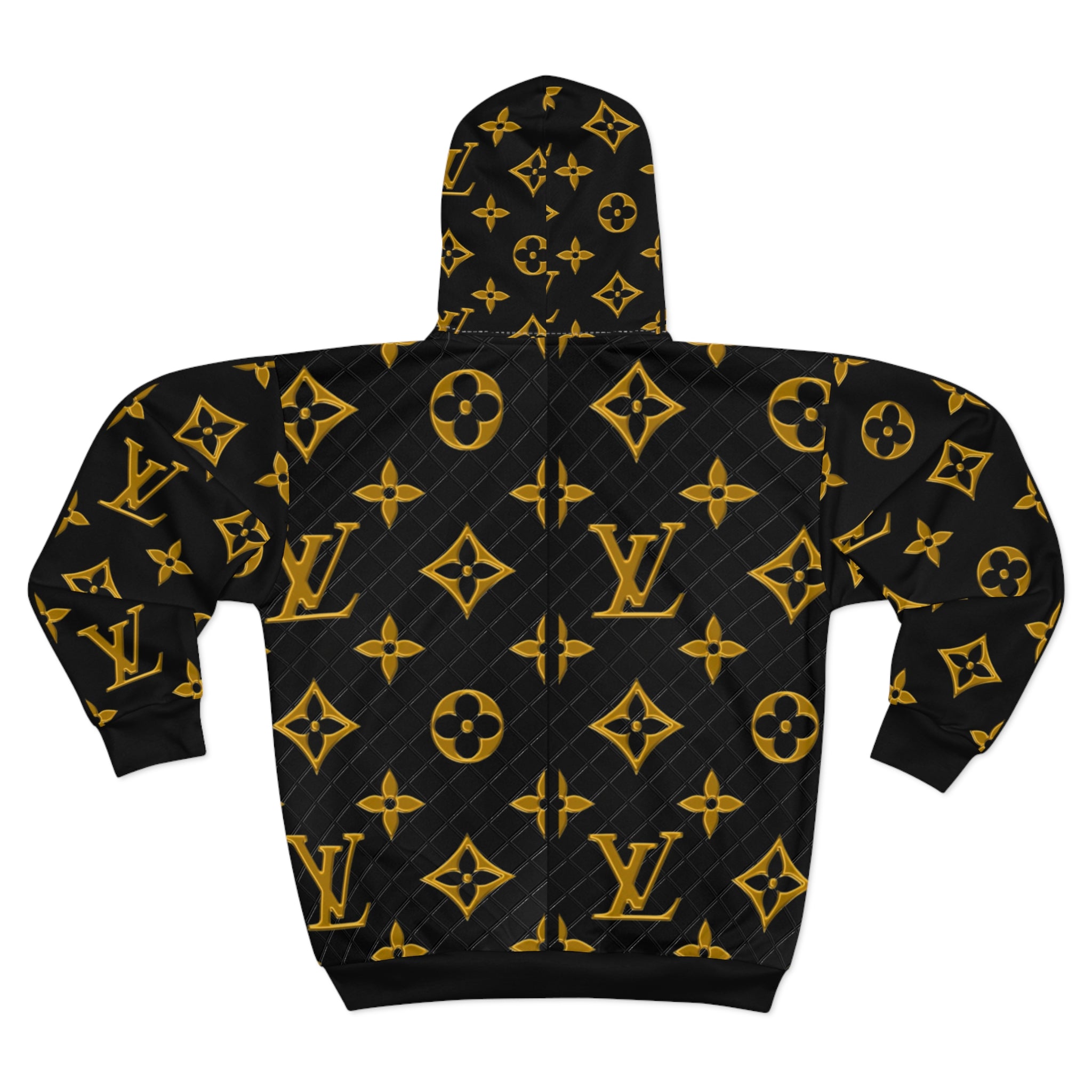 Luxury Monogram Zip Hoodie — Black & Gold Designer Pattern