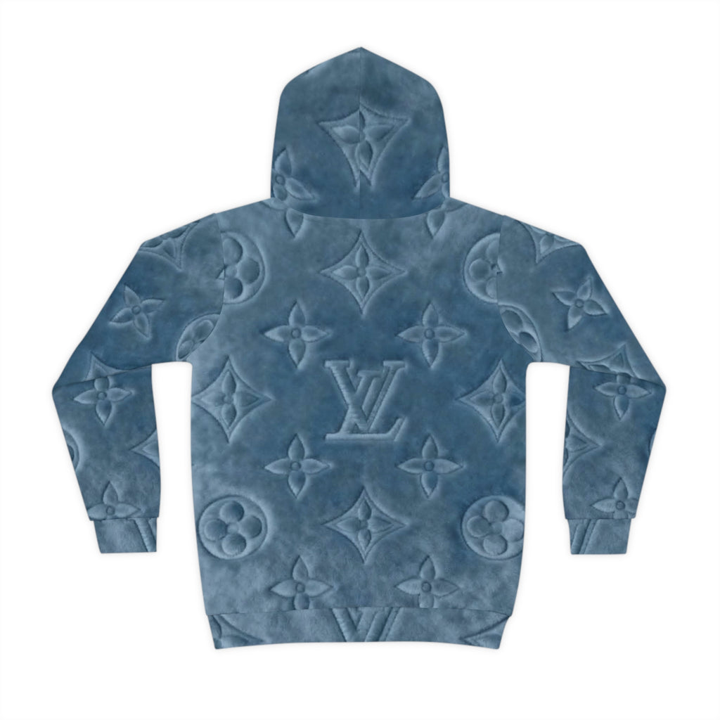 Kids Luxury Monogram Hoodie — Blue Plush All-Over Print